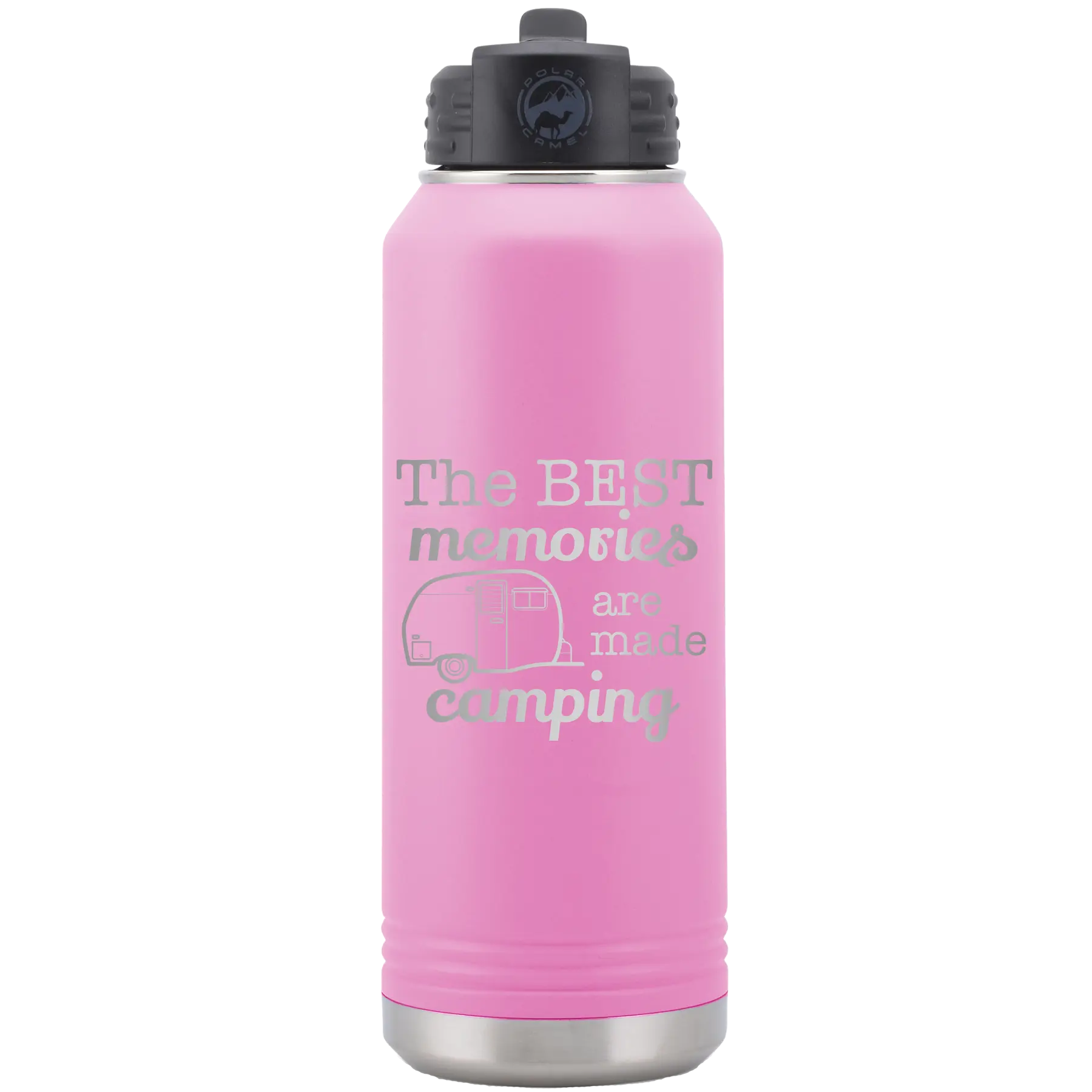 Laser etched light purple 32 oz vacuum insulated water bottle with 'Camping' design