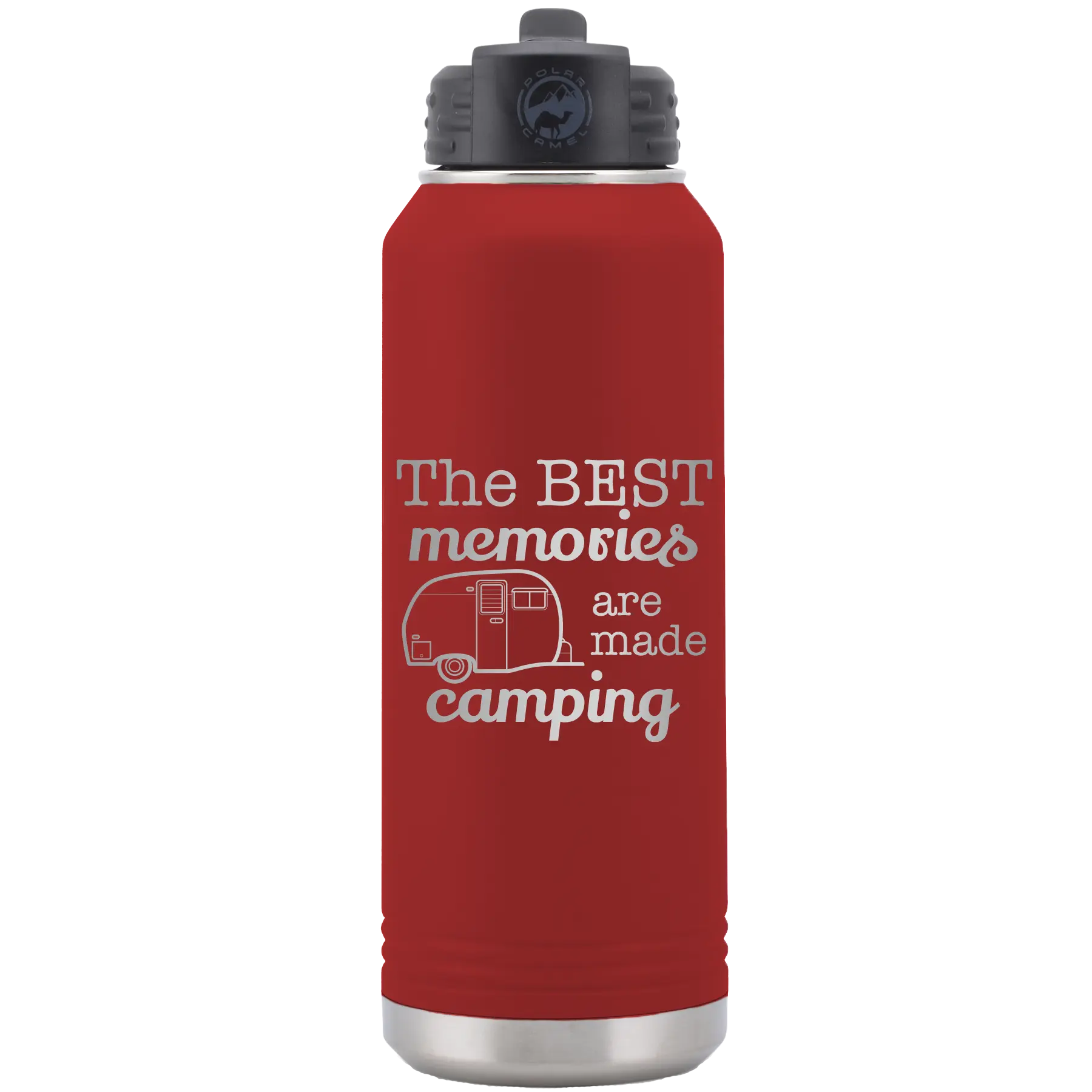 Laser etched maroon 32 oz vacuum insulated water bottle with 'Camping' design