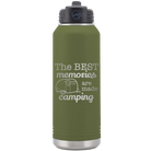 Laser etched olive green 32 oz vacuum insulated water bottle with 'Camping' design