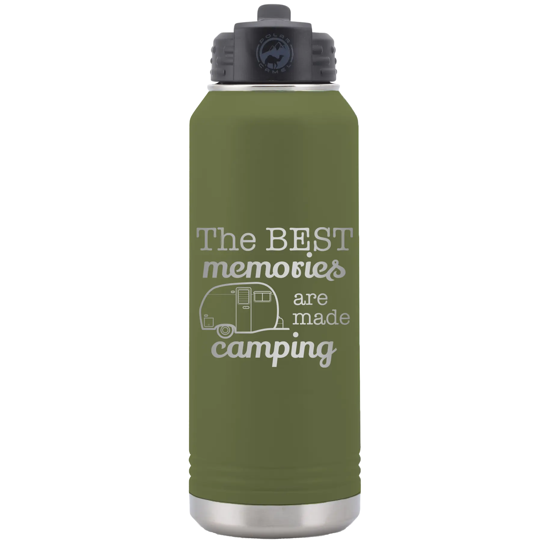 Laser etched olive green 32 oz vacuum insulated water bottle with 'Camping' design