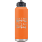 Laser etched orange 32 oz vacuum insulated water bottle with 'Camping' design