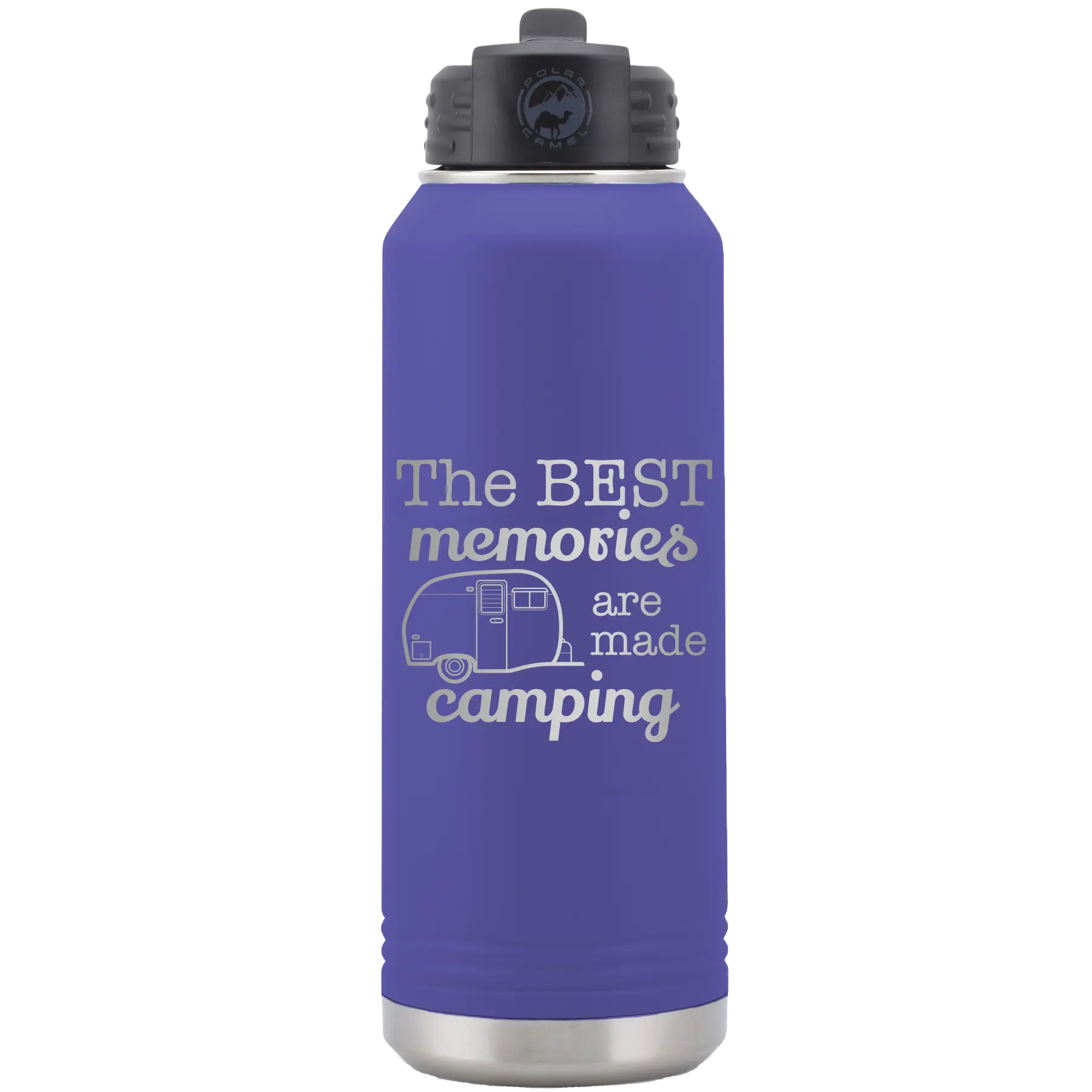 Laser etched purple 32 oz vacuum insulated water bottle with 'Camping' design