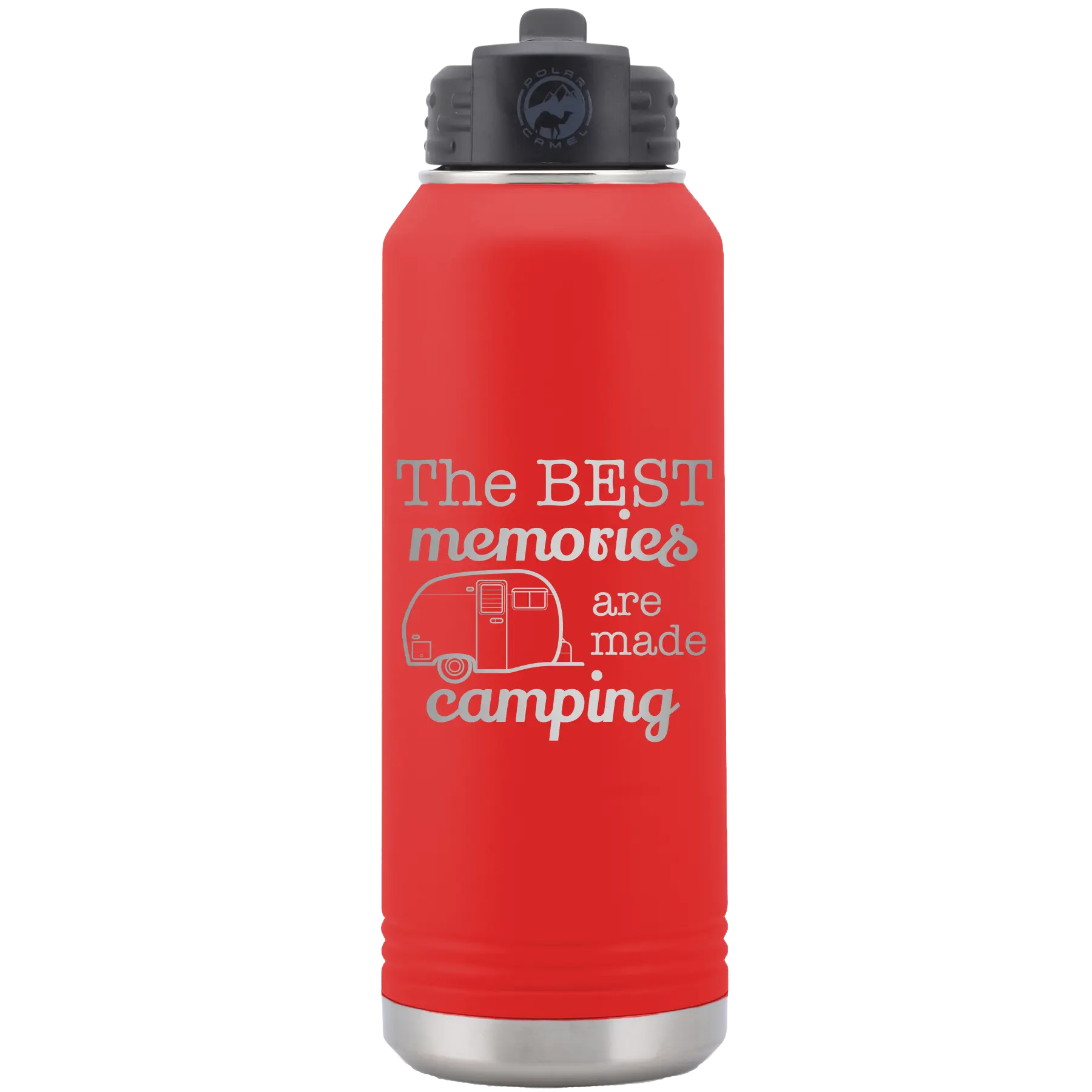 Laser etched red 32 oz vacuum insulated water bottle with 'Camping' design