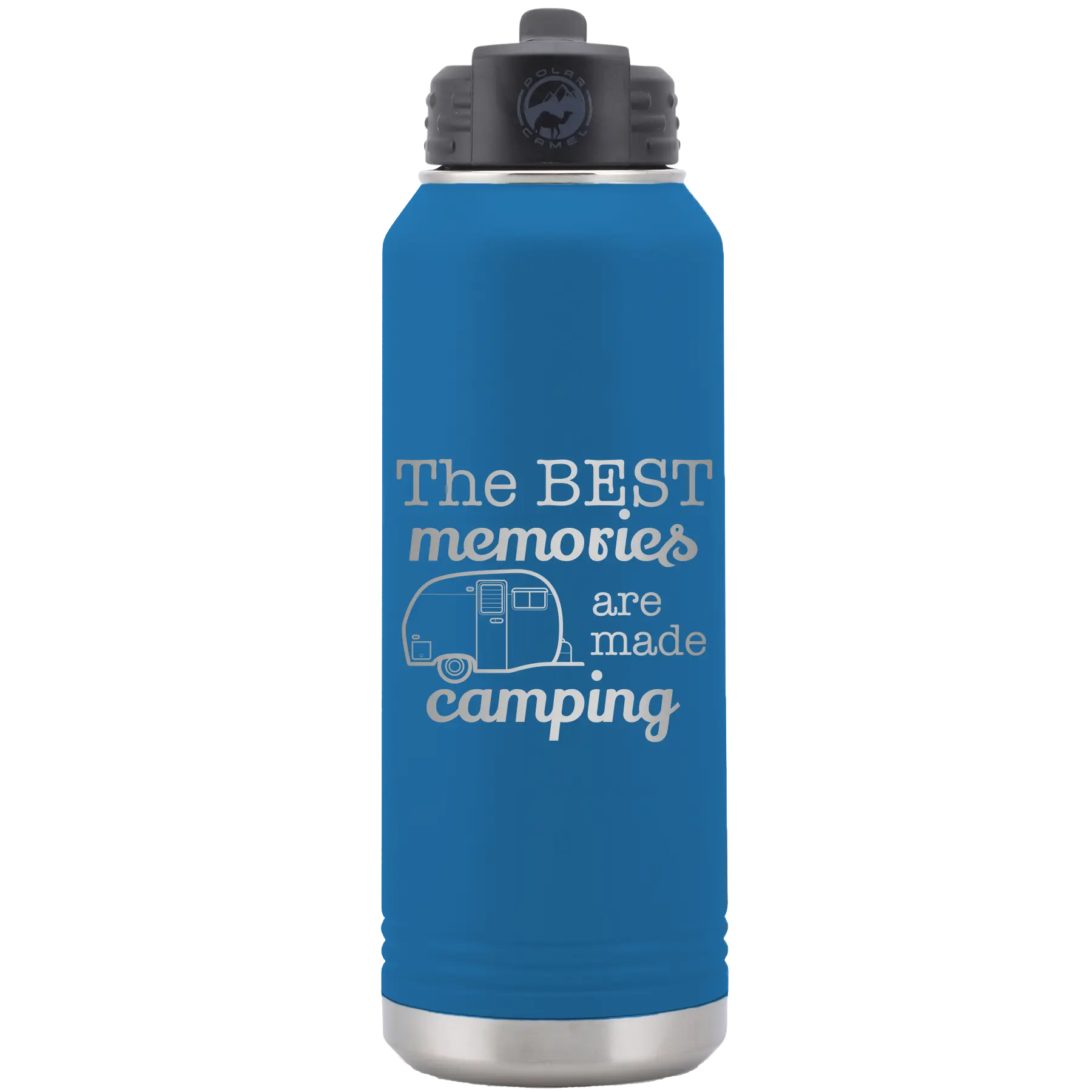 Laser etched royal blue 32 oz vacuum insulated water bottle with 'Camping' design