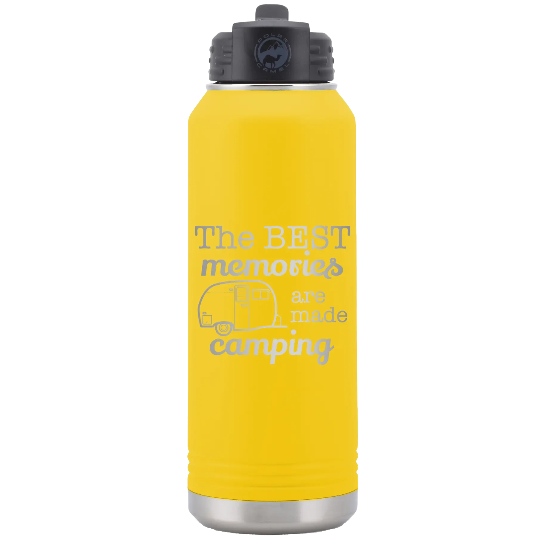 Laser etched yellow 32 oz vacuum insulated water bottle with 'Camping' design