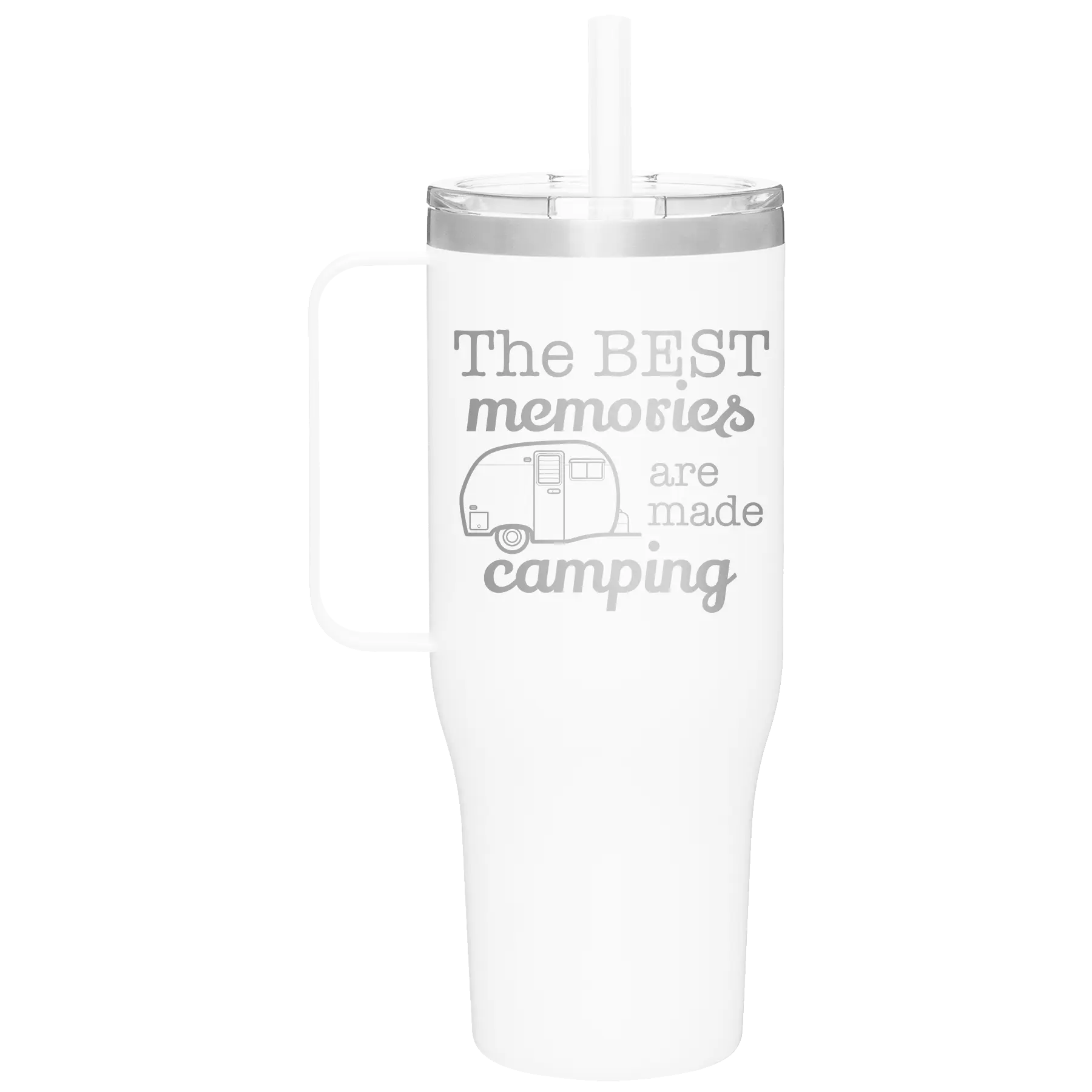 Laser etched white 40 oz vacuum insulated tumbler mug with 'Camping' design