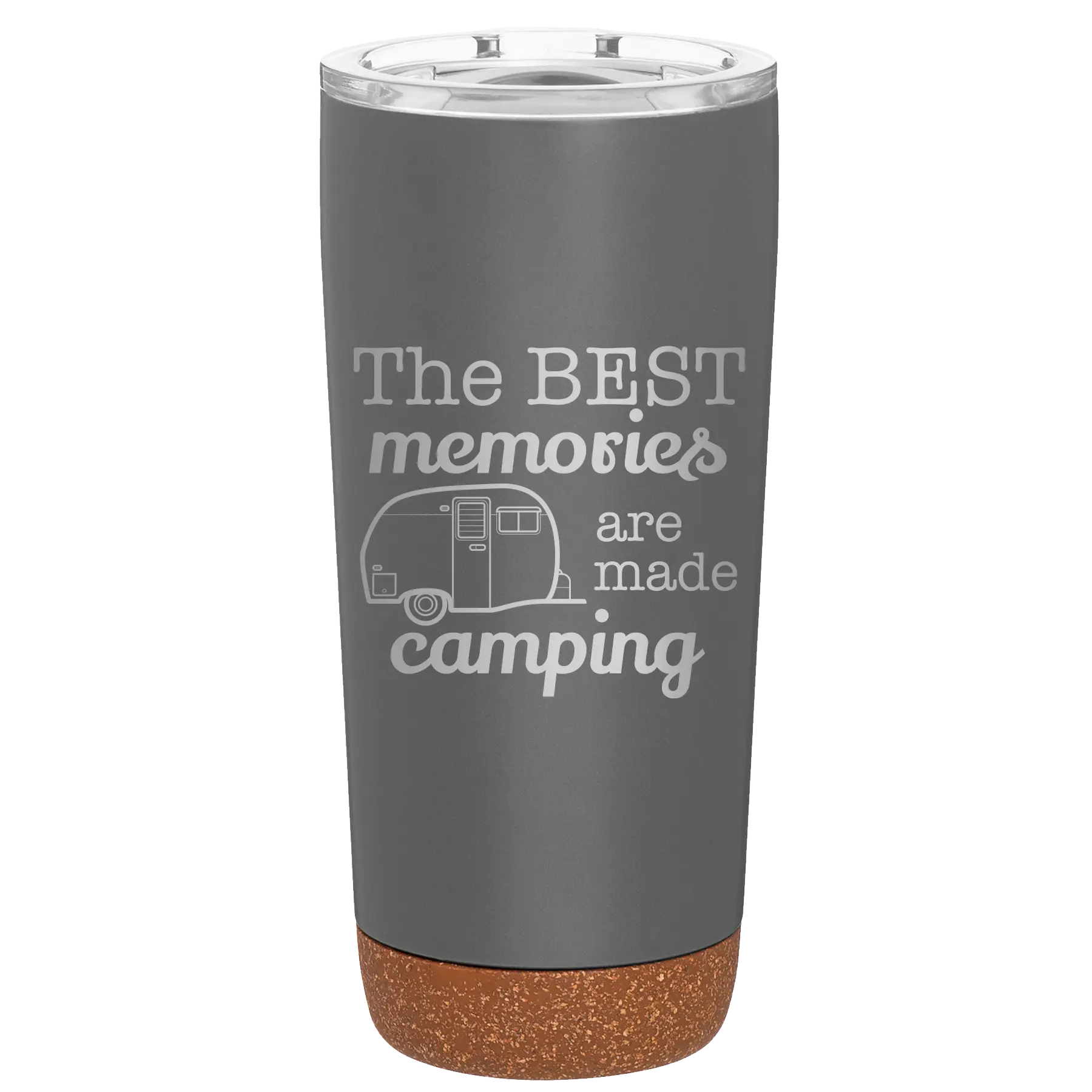 Laser etched storm gray 20 oz vacuum insulated tumbler with 'Camping' design