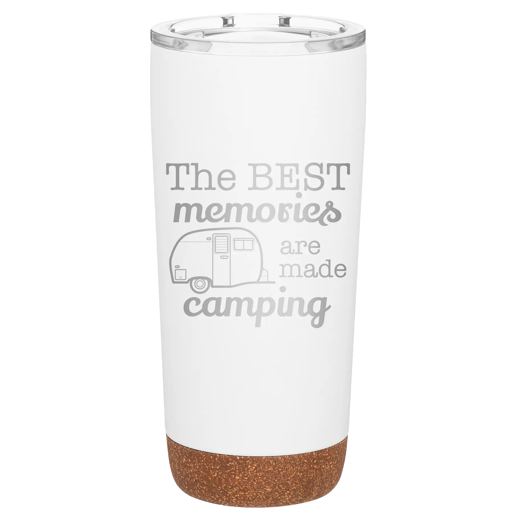Laser etched white 20 oz vacuum insulated tumbler with 'Camping' design