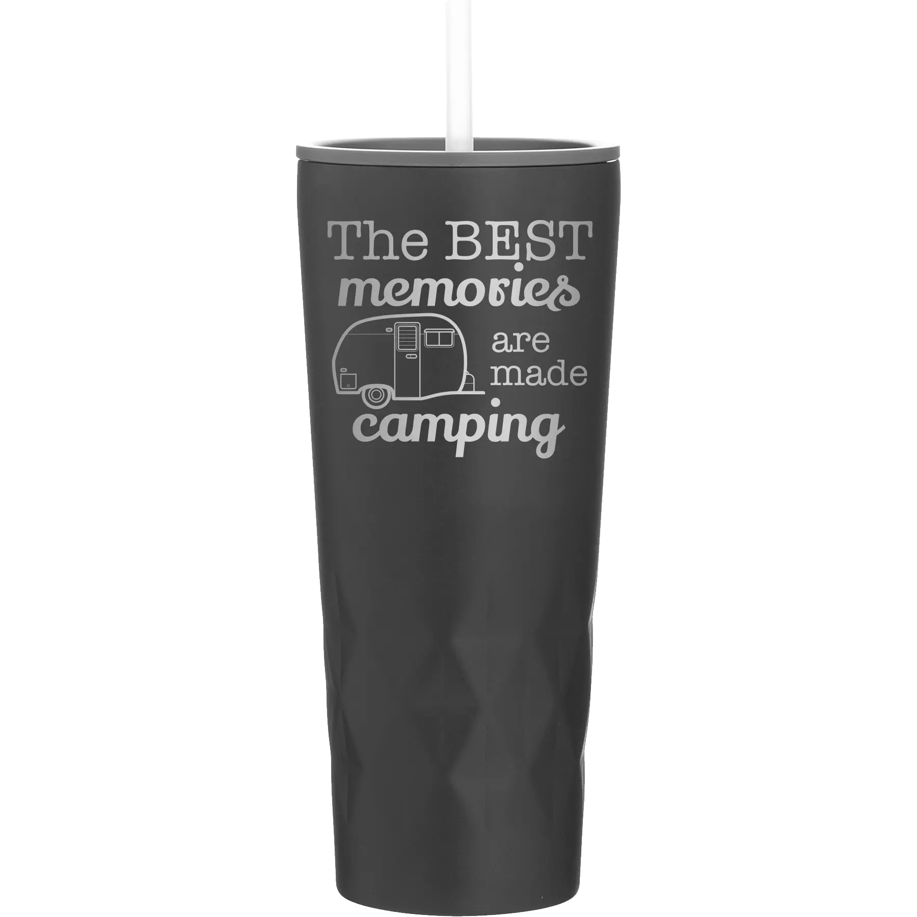 Laser etched black 20 oz vacuum insulated tumbler with 'Camping' design