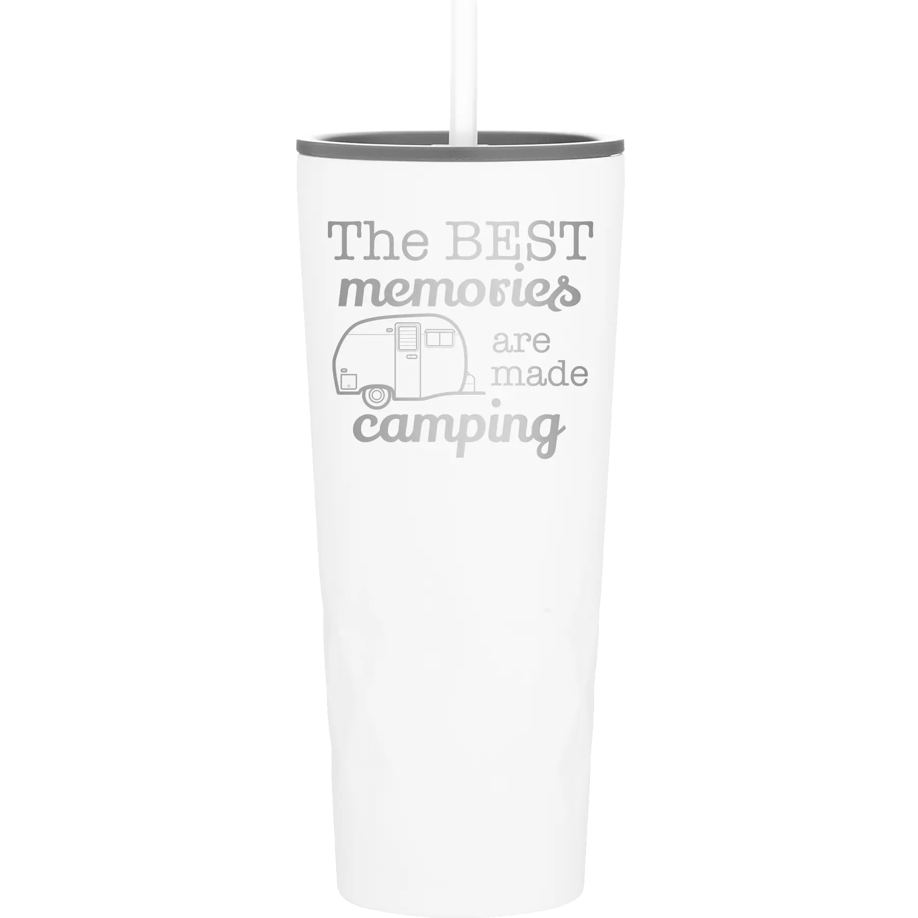 Laser etched white 20 oz vacuum insulated tumbler with 'Camping' design