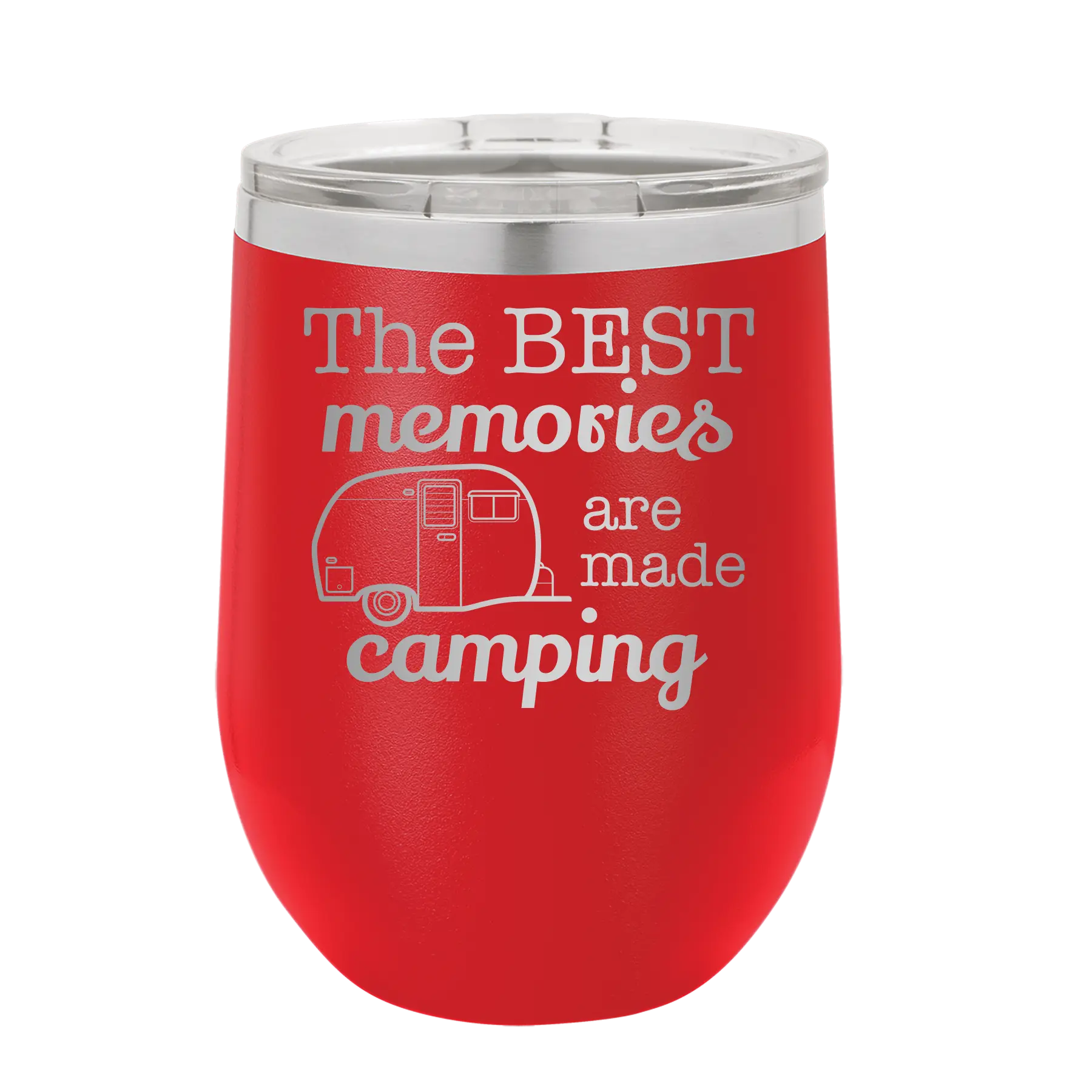 Laser etched red 12 oz vacuum insulated wine cup with 'Camping' design