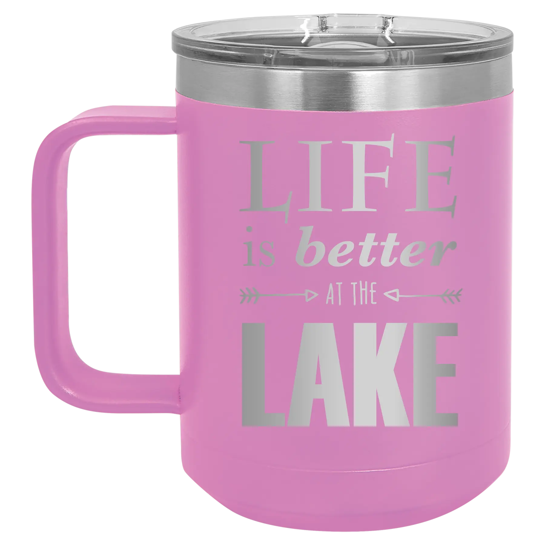 Laser etched light purple 15 oz vacuum insulated coffee mug with 'Life is Better at the Lake' design