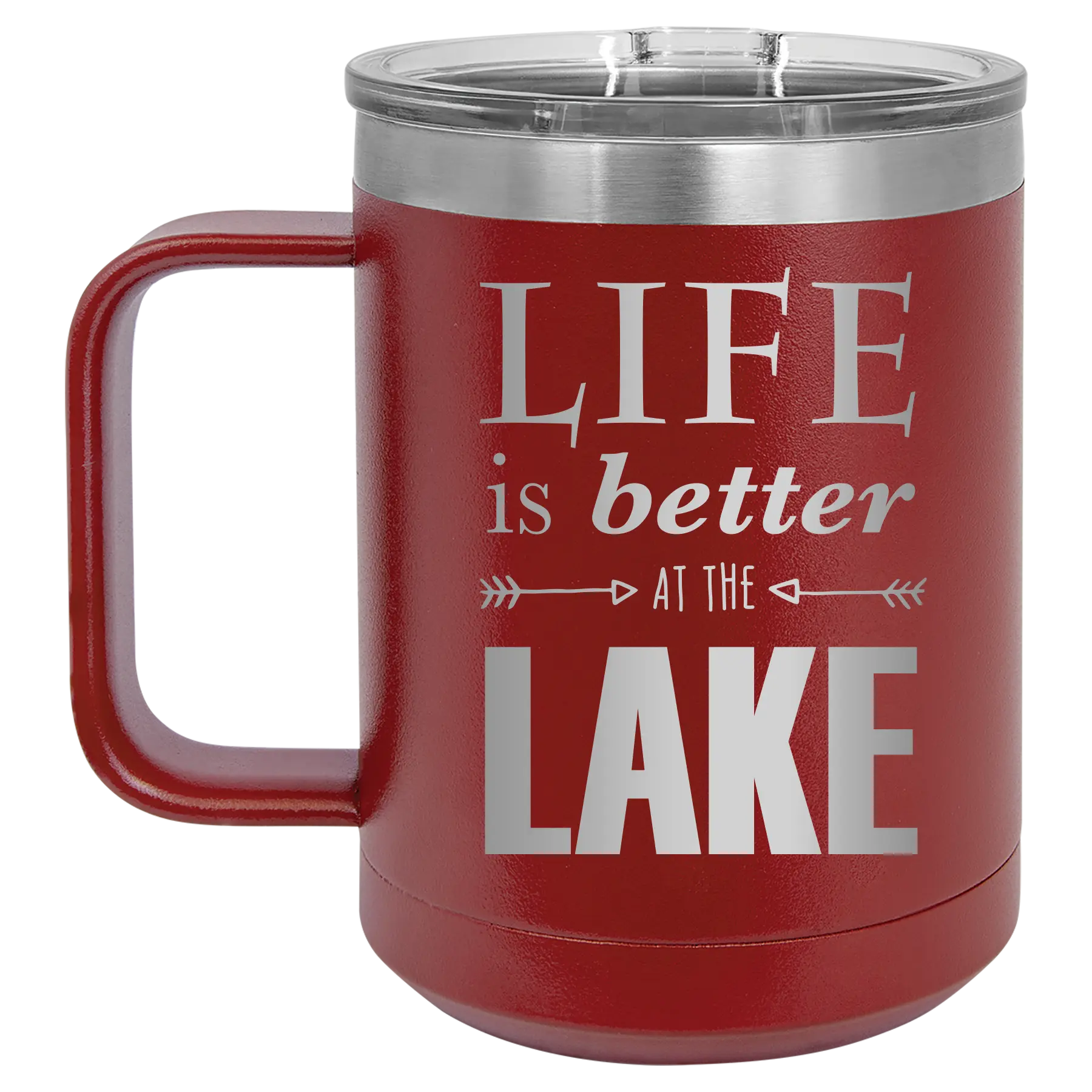 Laser etched maroon 15 oz vacuum insulated coffee mug with 'Life is Better at the Lake' design