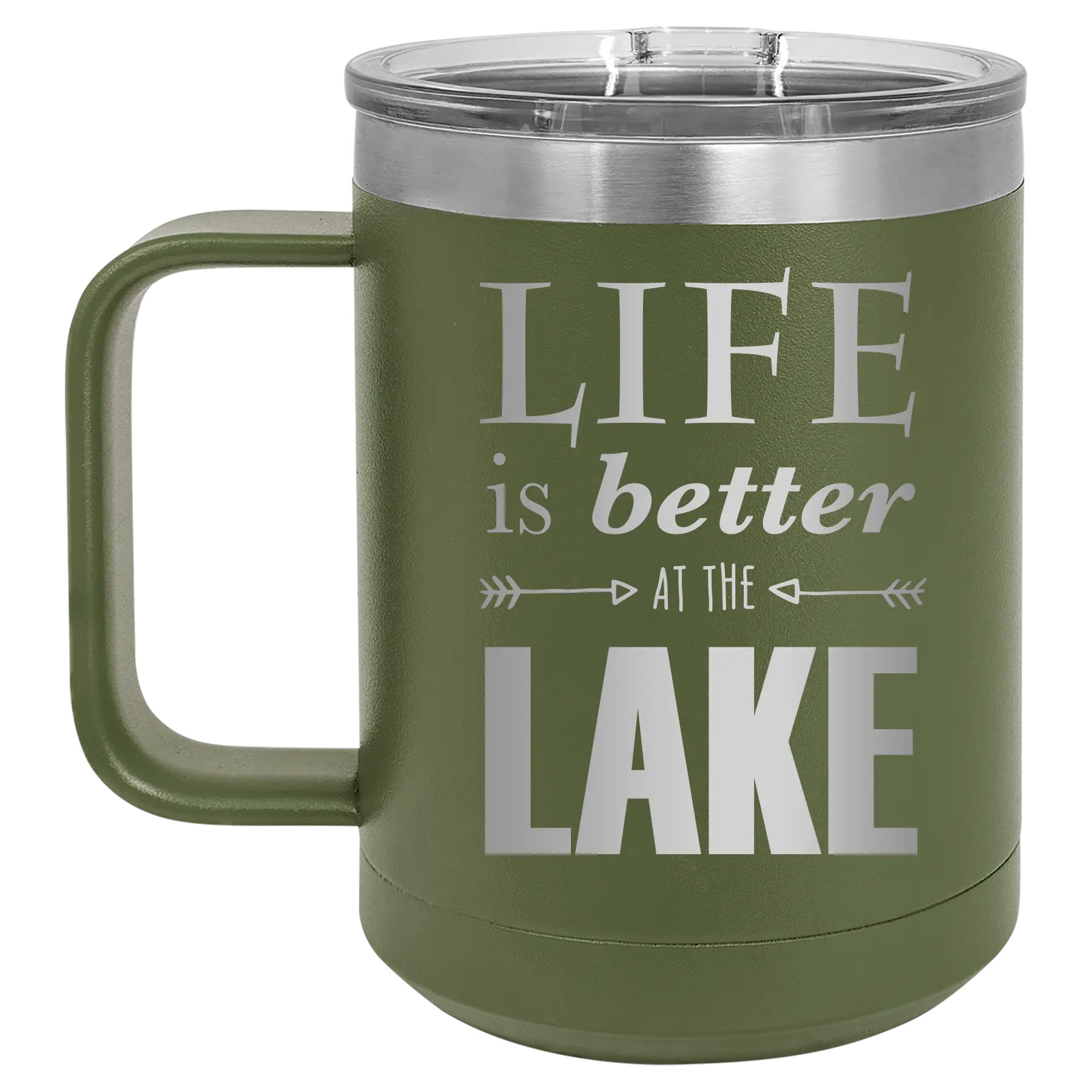 Laser etched olive green 15 oz vacuum insulated coffee mug with 'Life is Better at the Lake' design