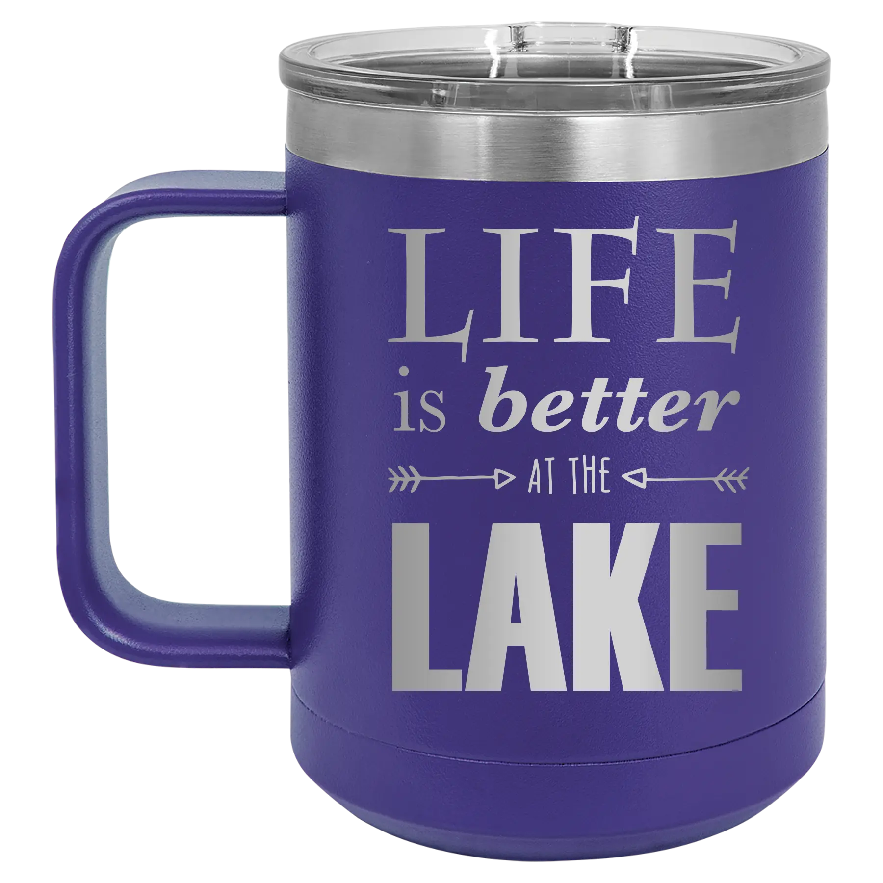 Laser etched purple 15 oz vacuum insulated coffee mug with 'Life is Better at the Lake' design