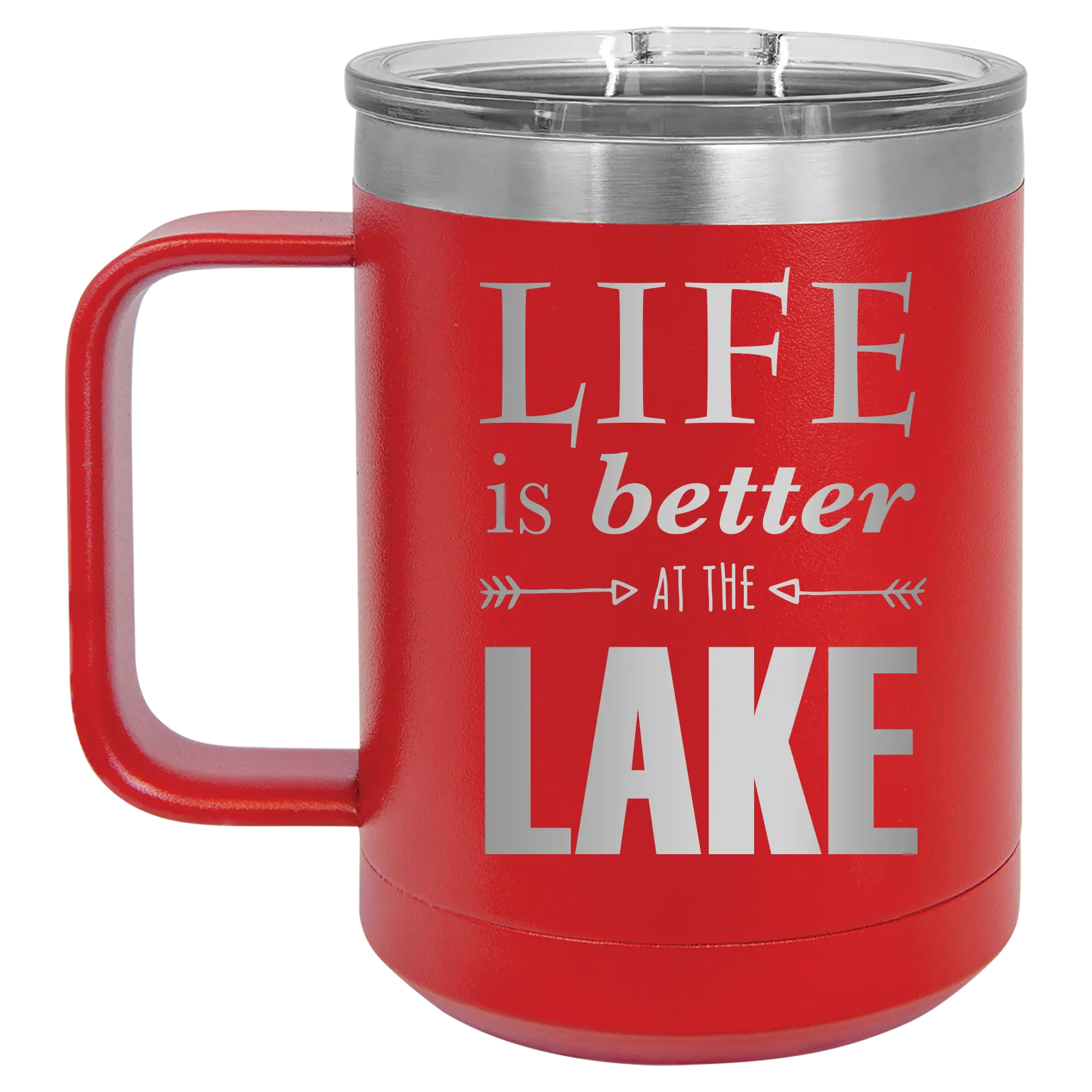 Laser etched red 15 oz vacuum insulated coffee mug with 'Life is Better at the Lake' design