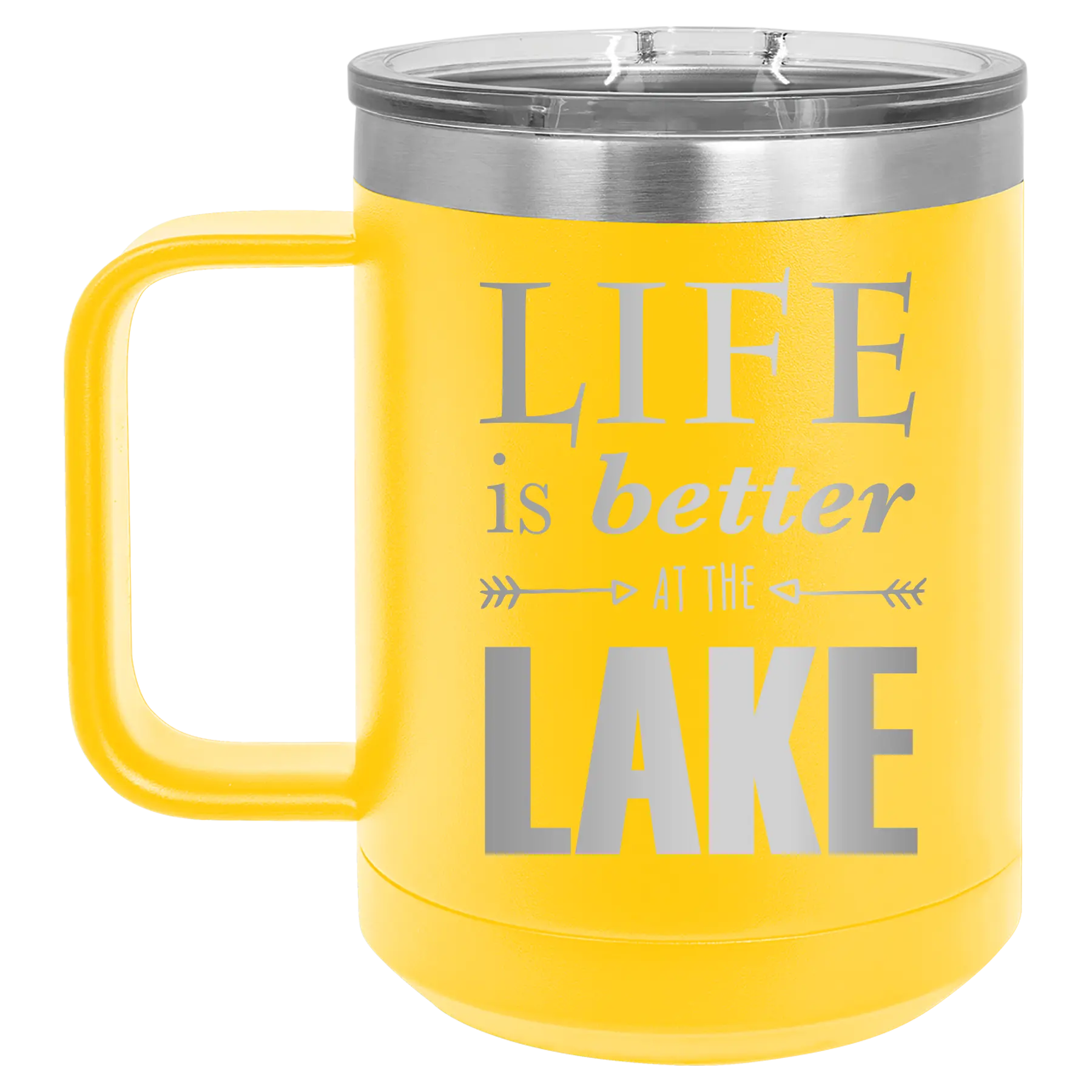 Laser etched yellow 15 oz vacuum insulated coffee mug with 'Life is Better at the Lake' design