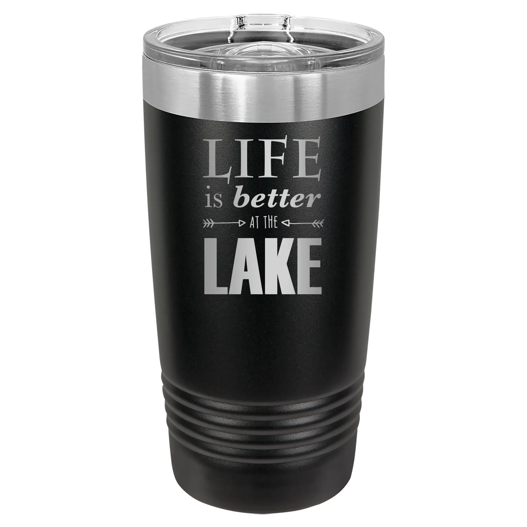 Laser etched black 20 oz vacuum insulated tumbler with 'Life is Better at the Lake' design