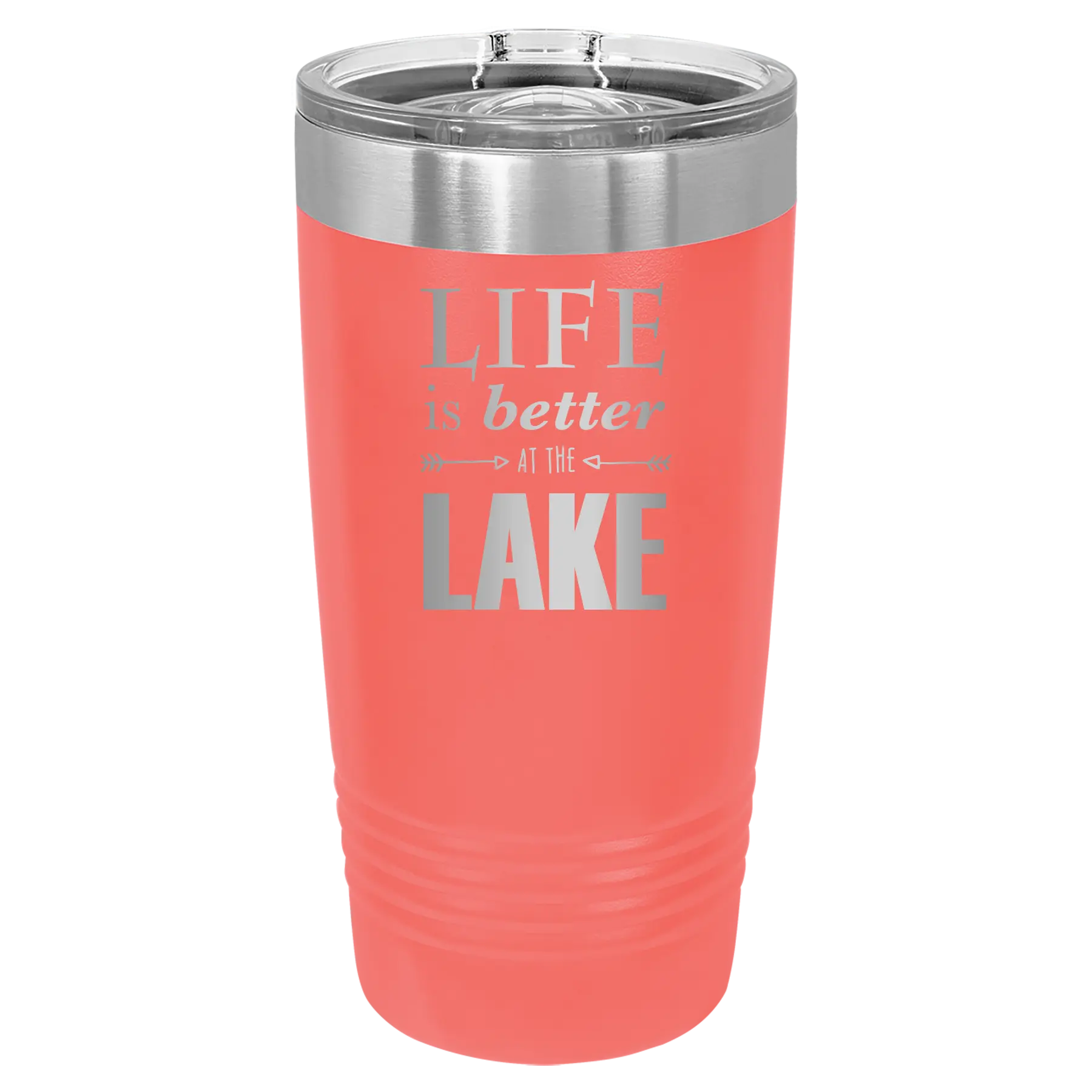 Laser etched coral 20 oz vacuum insulated tumbler with 'Life is Better at the Lake' design