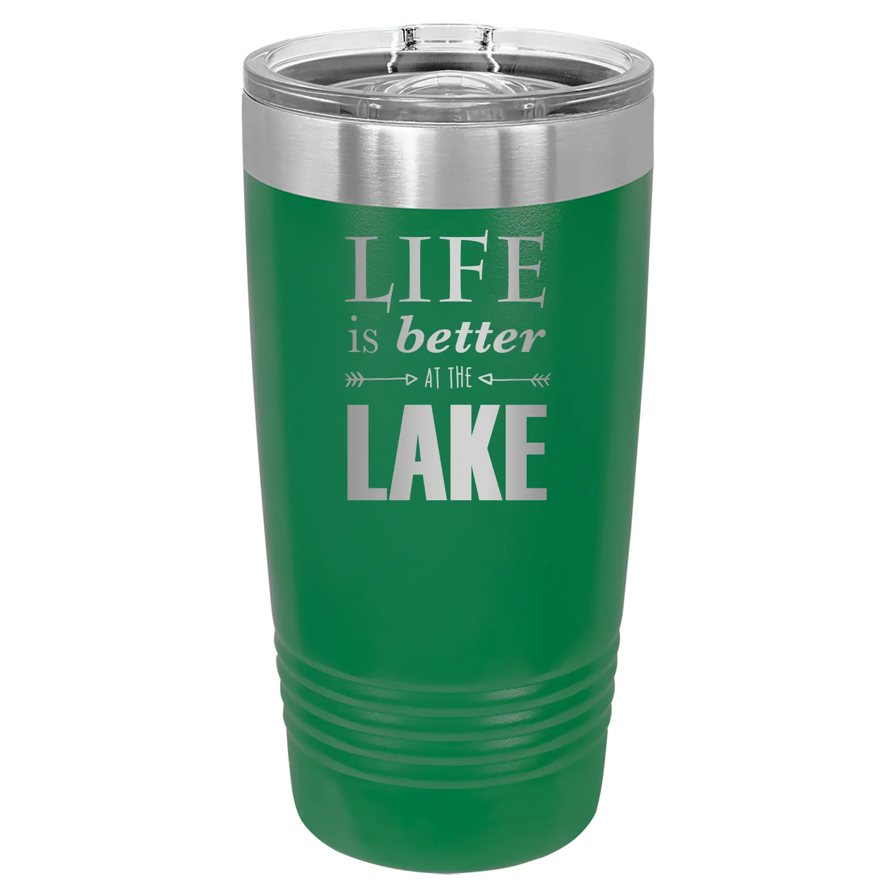 Laser etched green 20 oz vacuum insulated tumbler with 'Life is Better at the Lake' design