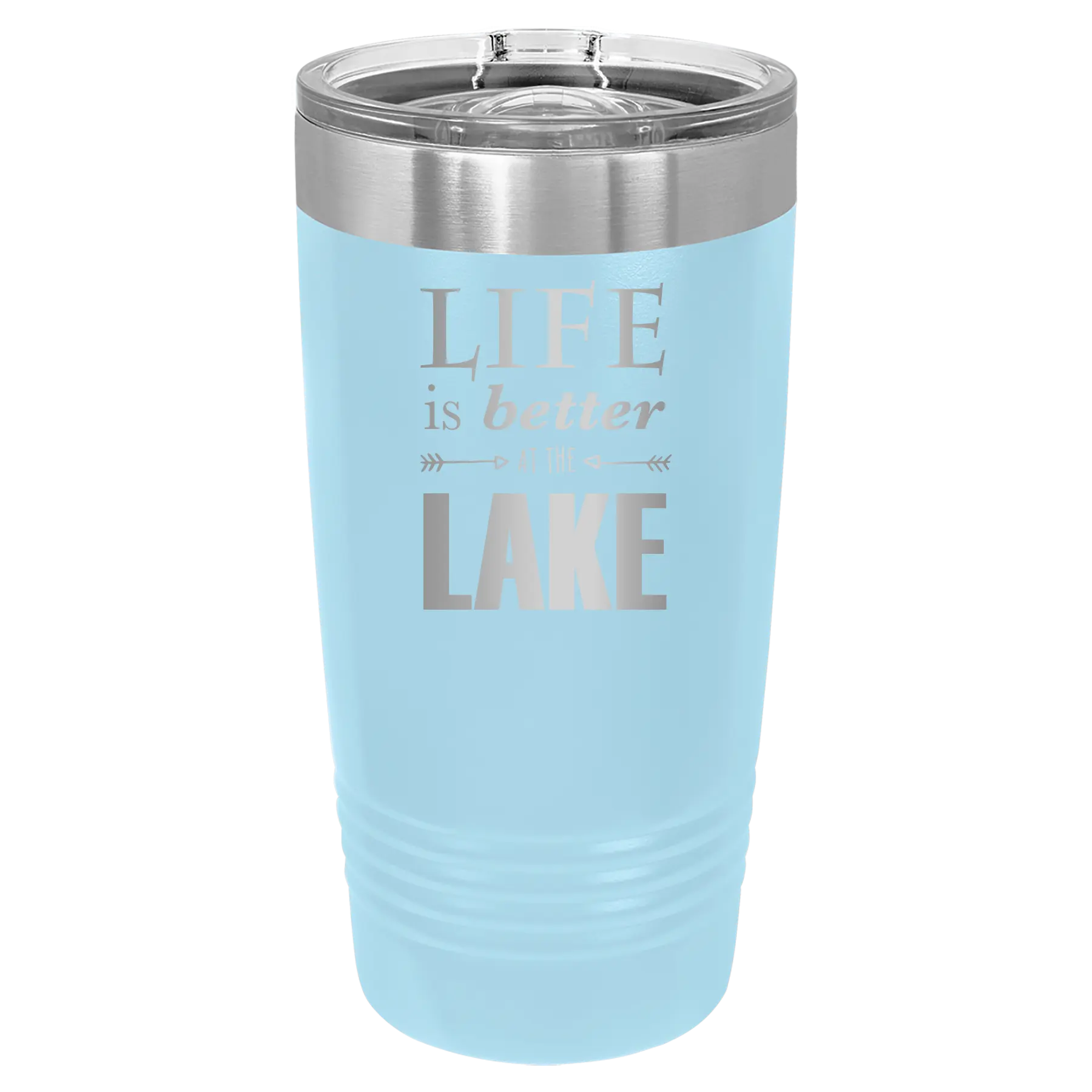 Laser etched light blue 20 oz vacuum insulated tumbler with 'Life is Better at the Lake' design