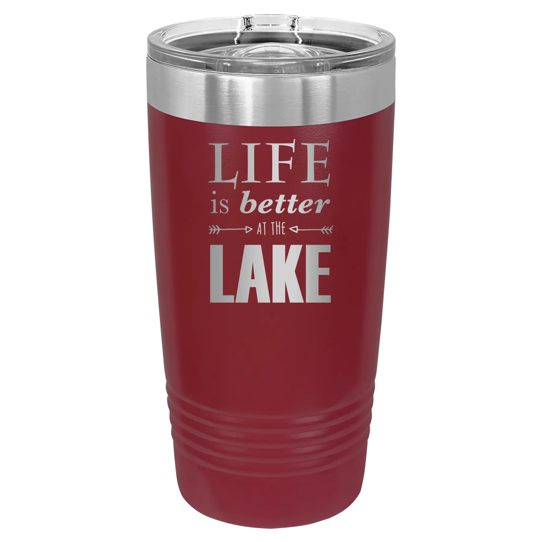Laser etched maroon 20 oz vacuum insulated tumbler with 'Life is Better at the Lake' design