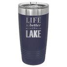 Laser etched navy 20 oz vacuum insulated tumbler with 'Life is Better at the Lake' design