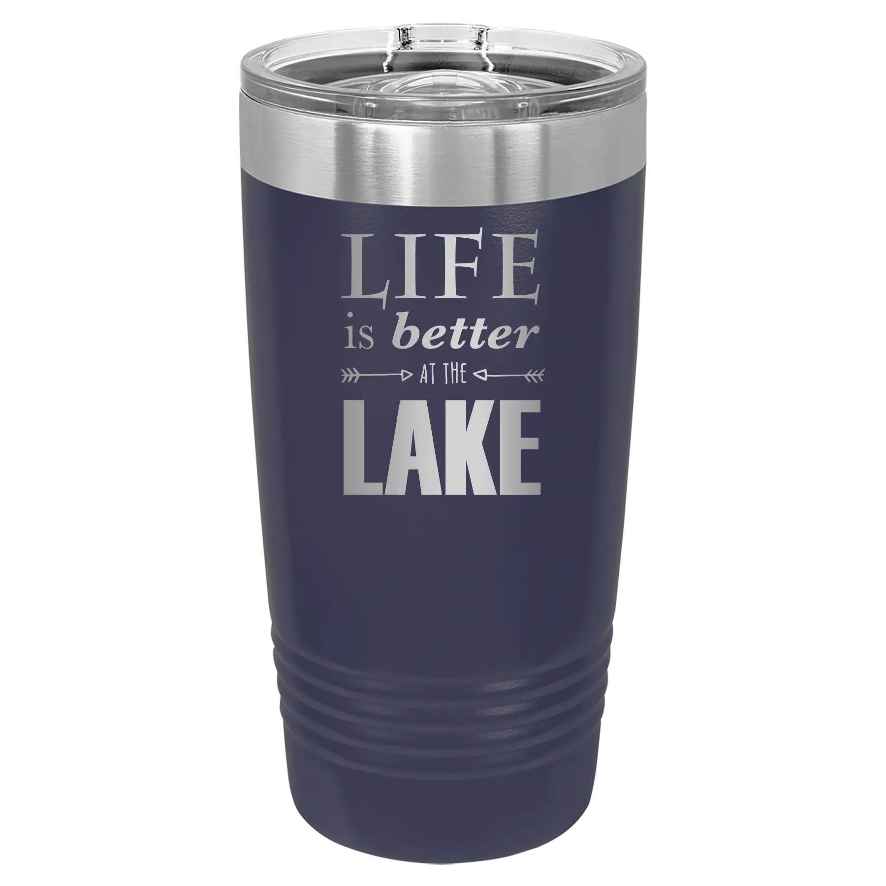 Laser etched navy 20 oz vacuum insulated tumbler with 'Life is Better at the Lake' design
