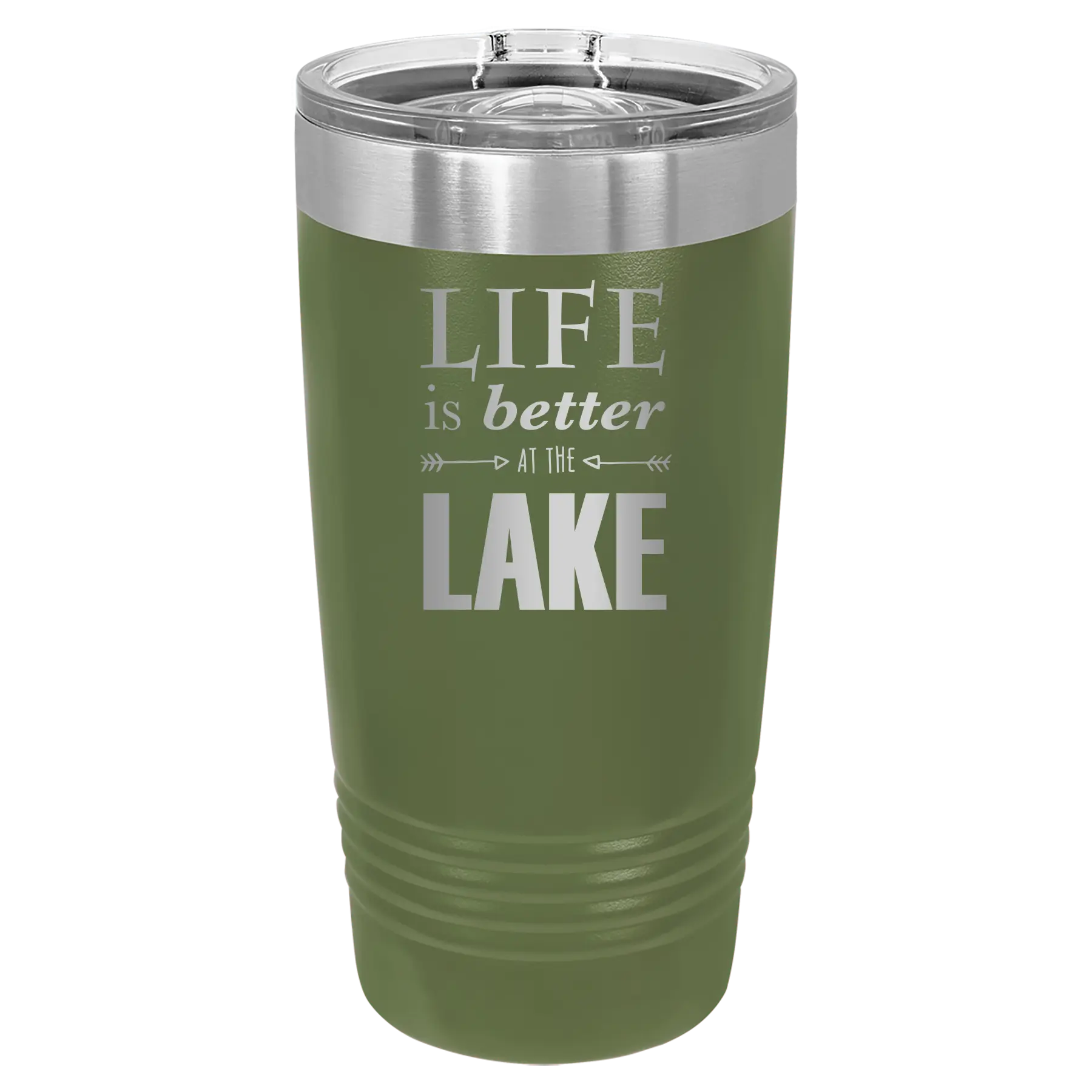 Laser etched olive green 20 oz vacuum insulated tumbler with 'Life is Better at the Lake' design