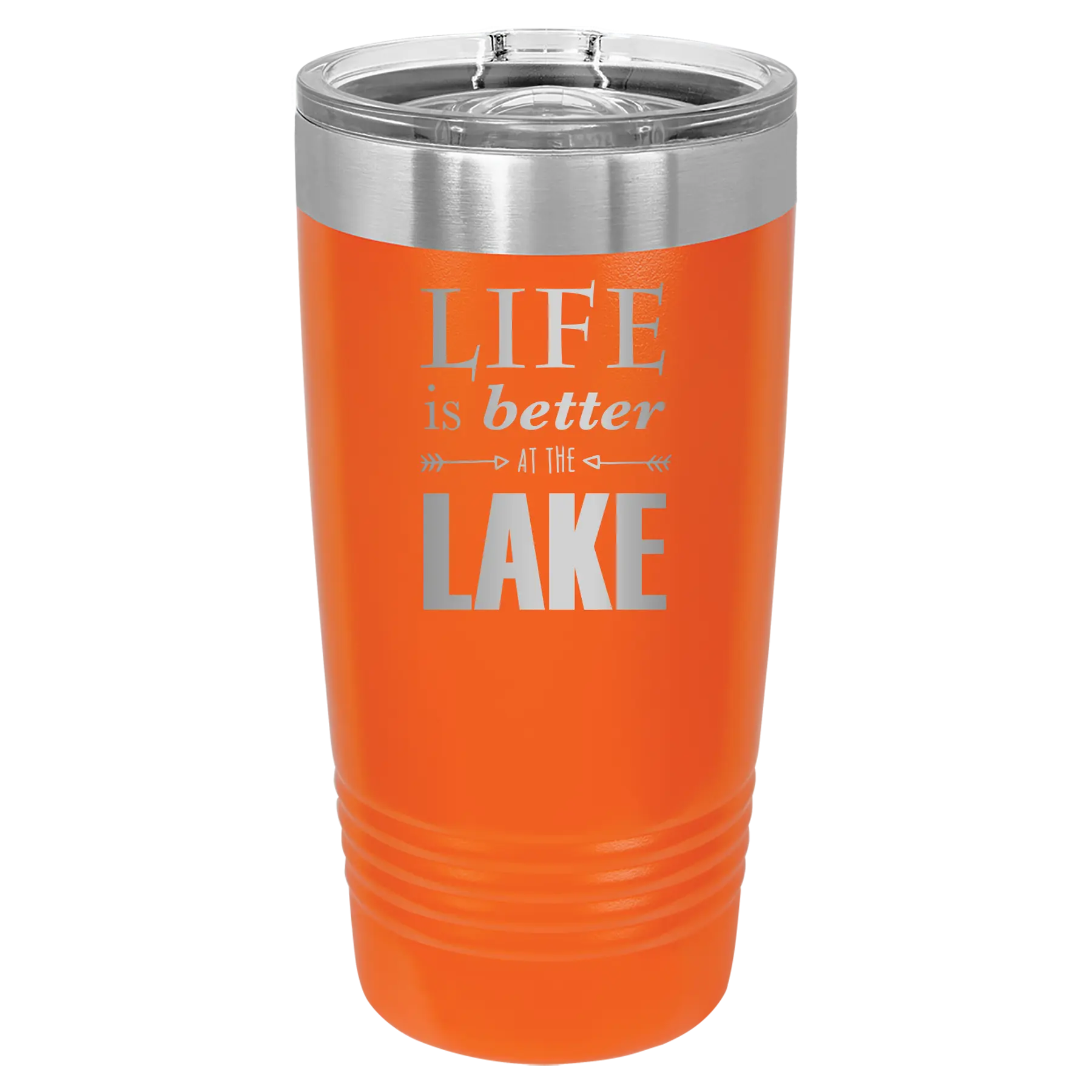 Laser etched orange 20 oz vacuum insulated tumbler with 'Life is Better at the Lake' design