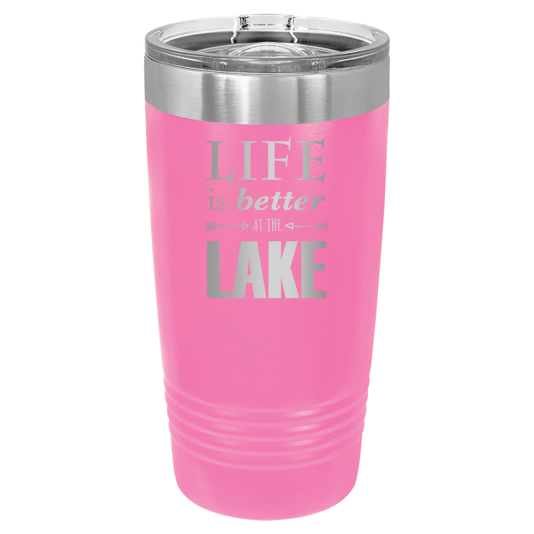 Laser etched pink 20 oz vacuum insulated tumbler with 'Life is Better at the Lake' design