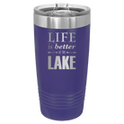 Laser etched purple 20 oz vacuum insulated tumbler with 'Life is Better at the Lake' design