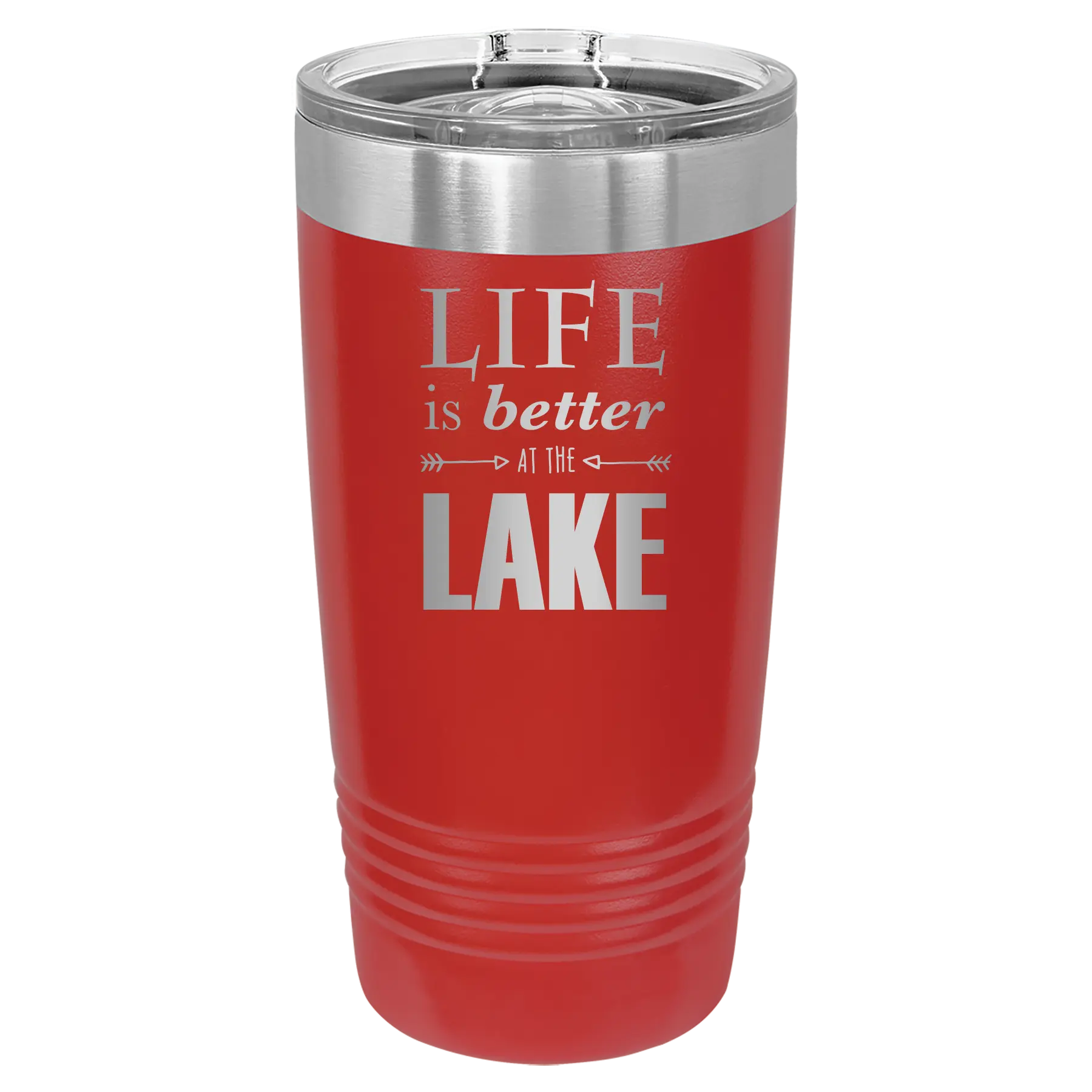 Laser etched red 20 oz vacuum insulated tumbler with 'Life is Better at the Lake' design