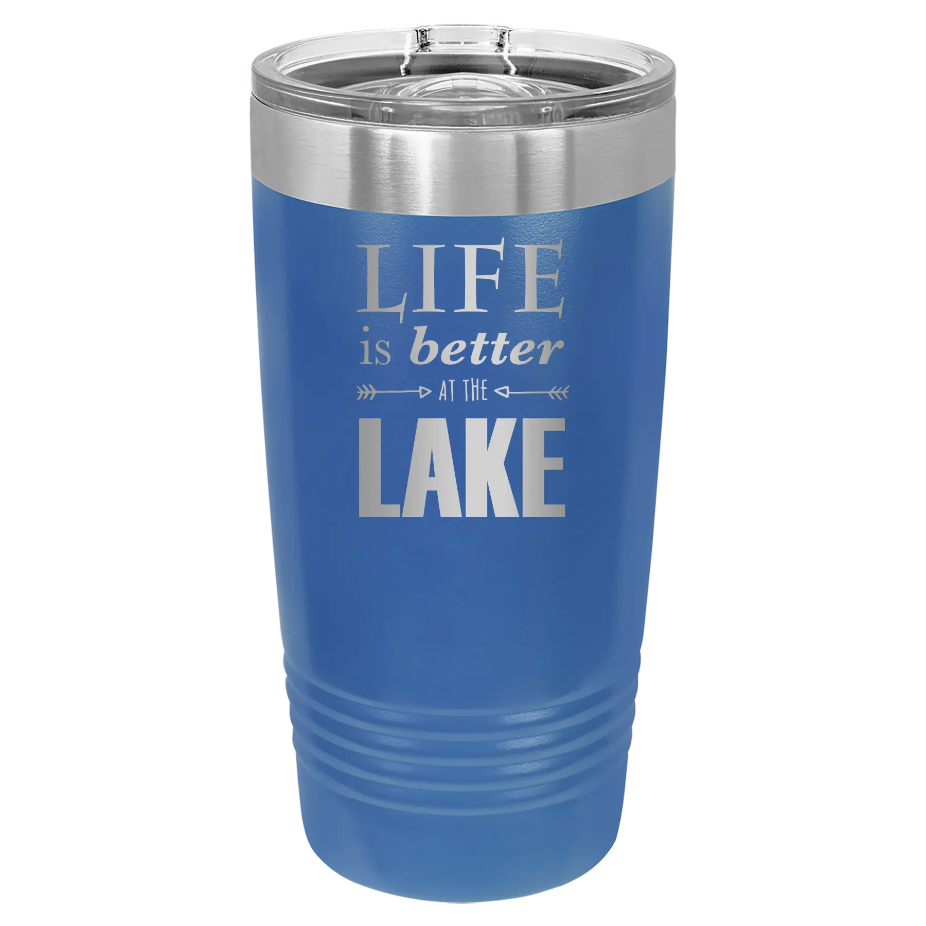 Laser etched royal blue 20 oz vacuum insulated tumbler with 'Life is Better at the Lake' design