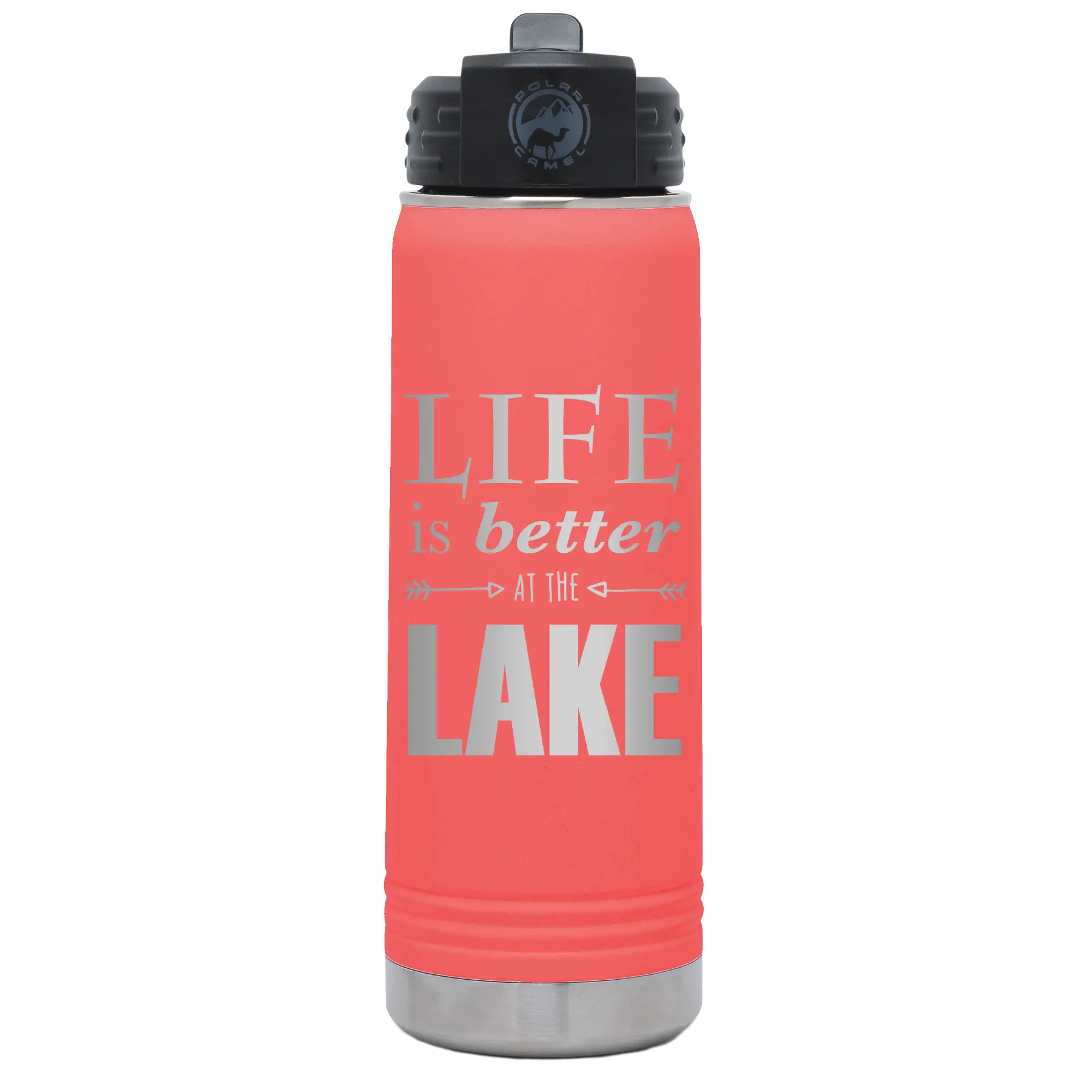 Laser etched coral 20 oz vacuum insulated water bottle with 'Life is Better at the Lake' design