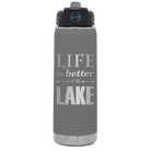 Laser etched dark gray 20 oz vacuum insulated water bottle with 'Life is Better at the Lake' design