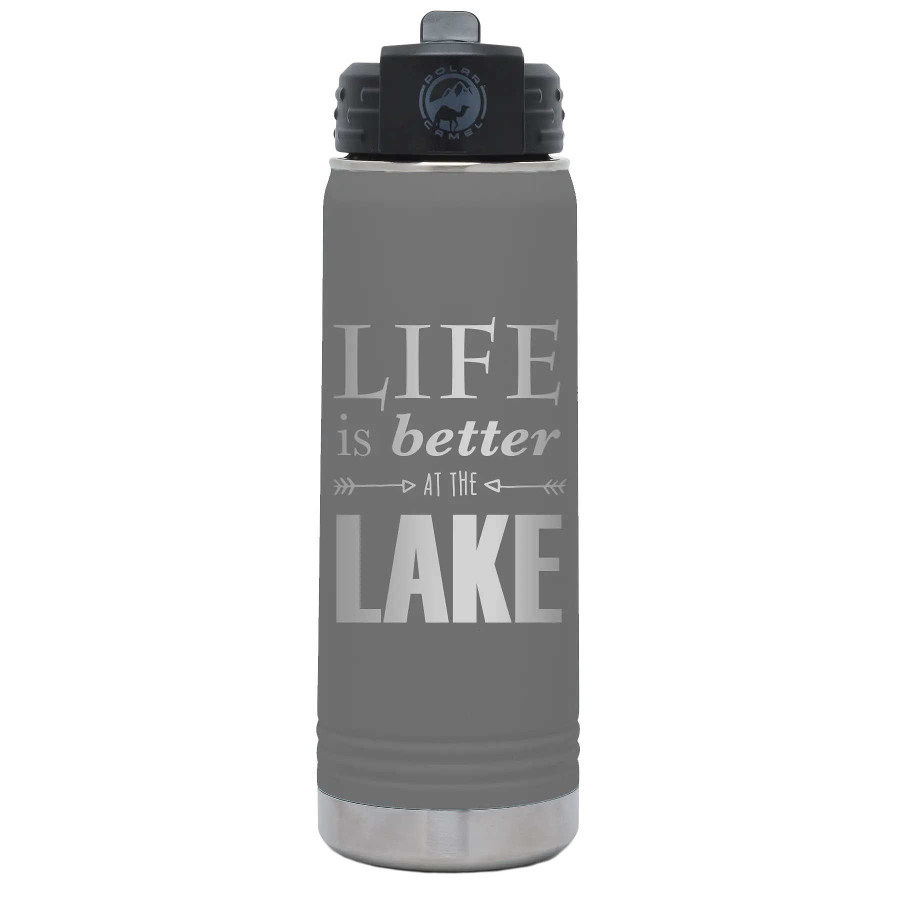 Laser etched dark gray 20 oz vacuum insulated water bottle with 'Life is Better at the Lake' design