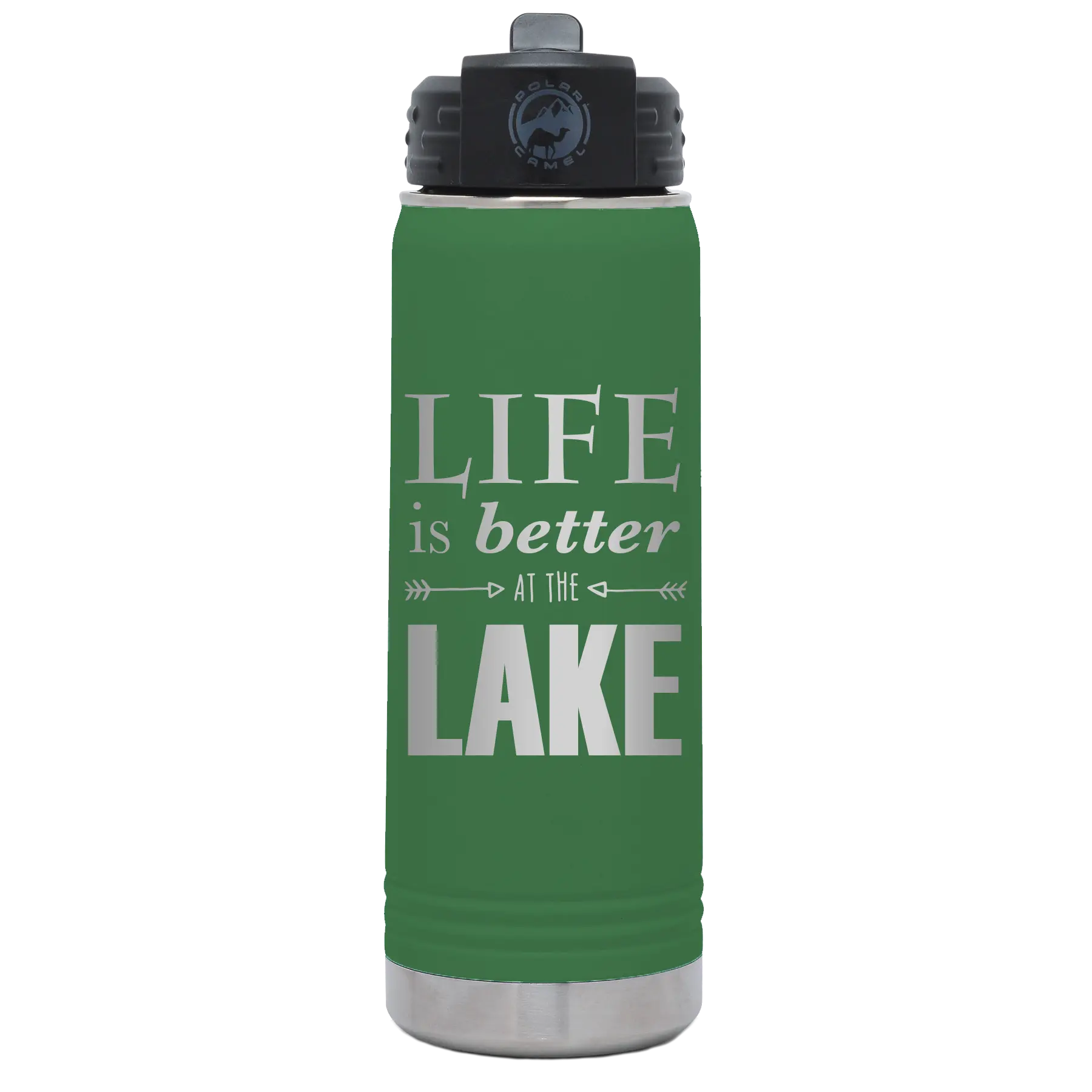 Laser etched green 20 oz vacuum insulated water bottle with 'Life is Better at the Lake' design