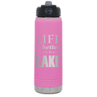 Laser etched light purple 20 oz vacuum insulated water bottle with 'Life is Better at the Lake' design