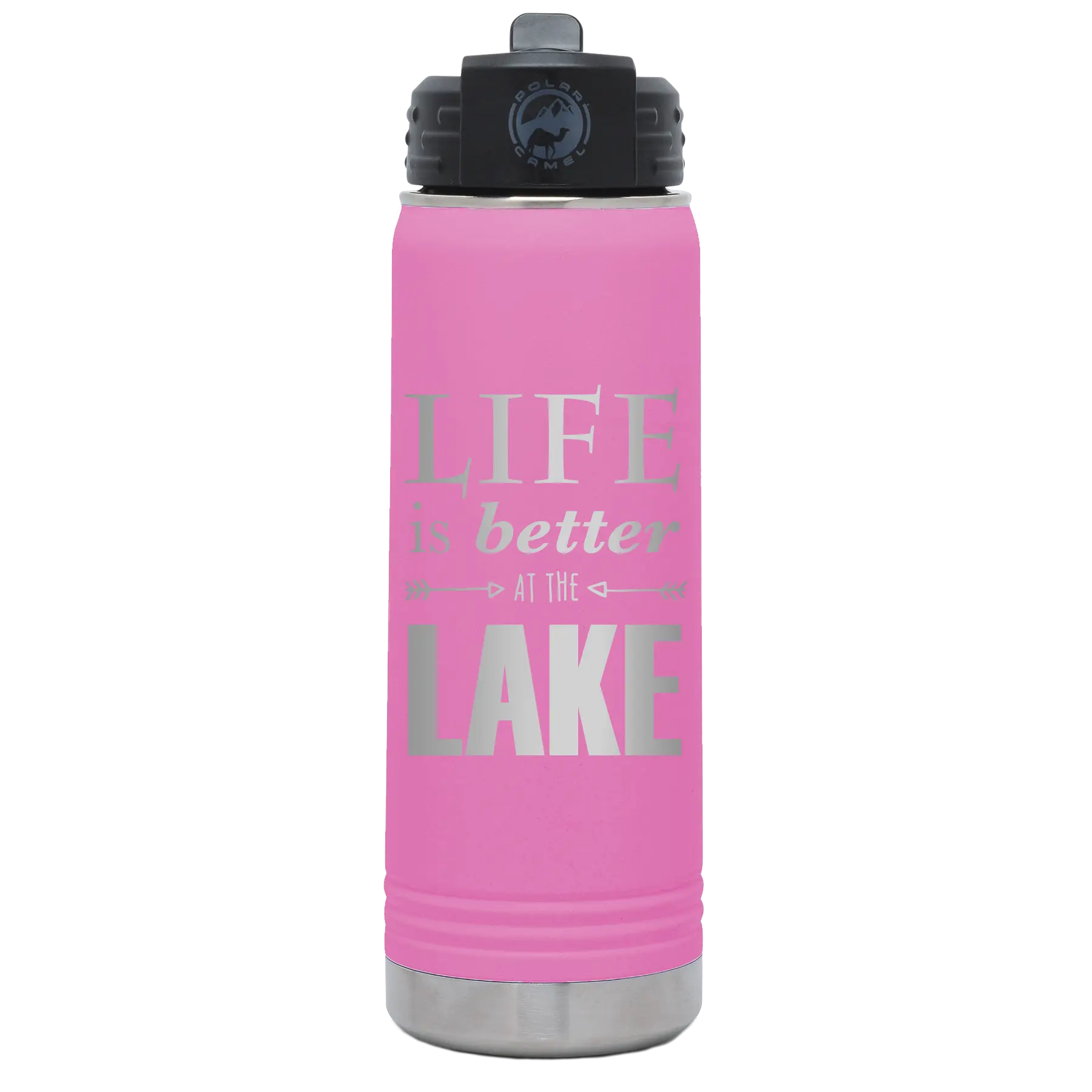 Laser etched light purple 20 oz vacuum insulated water bottle with 'Life is Better at the Lake' design