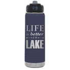 Laser etched navy 20 oz vacuum insulated water bottle with 'Life is Better at the Lake' design