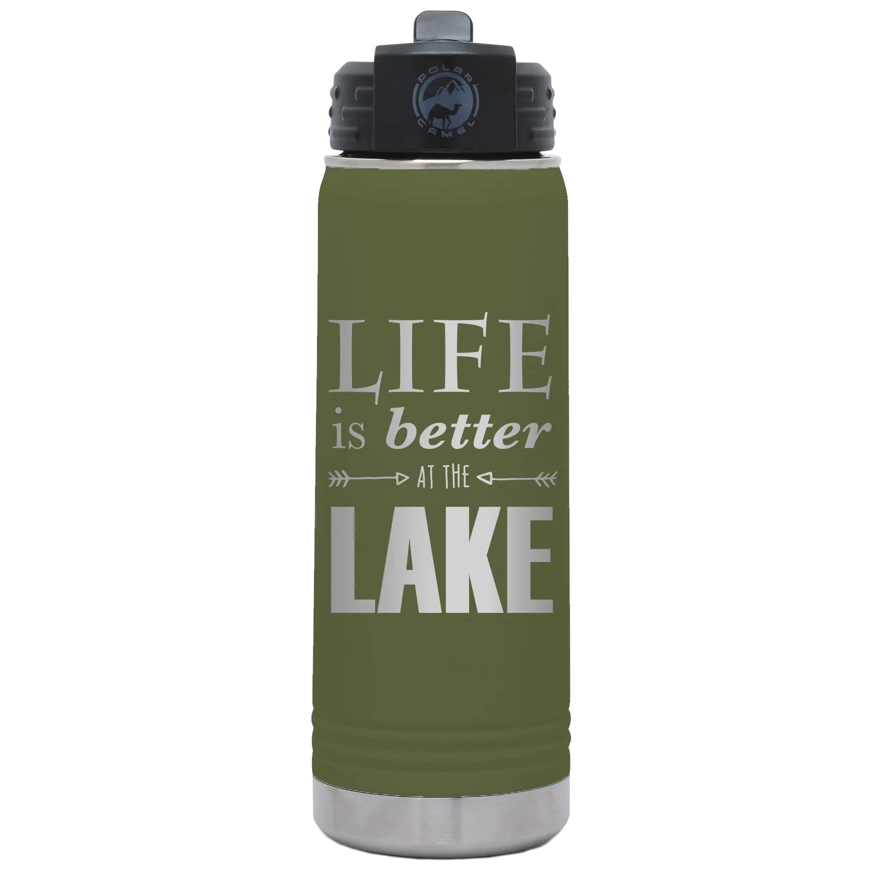 Laser etched olive green 20 oz vacuum insulated water bottle with 'Life is Better at the Lake' design