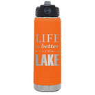 Laser etched orange 20 oz vacuum insulated water bottle with 'Life is Better at the Lake' design