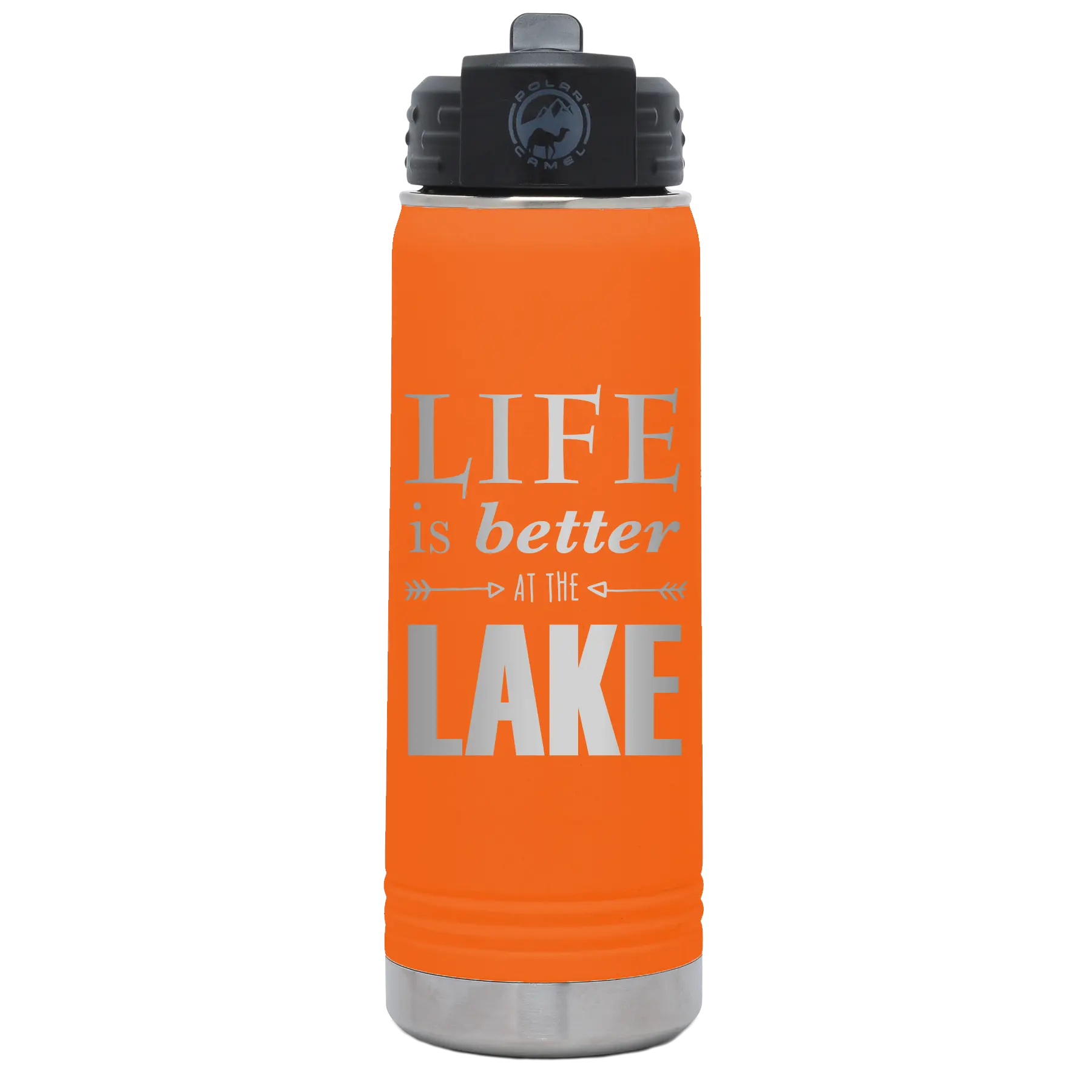 Laser etched orange 20 oz vacuum insulated water bottle with 'Life is Better at the Lake' design