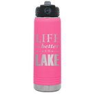 Laser etched pink 20 oz vacuum insulated water bottle with 'Life is Better at the Lake' design