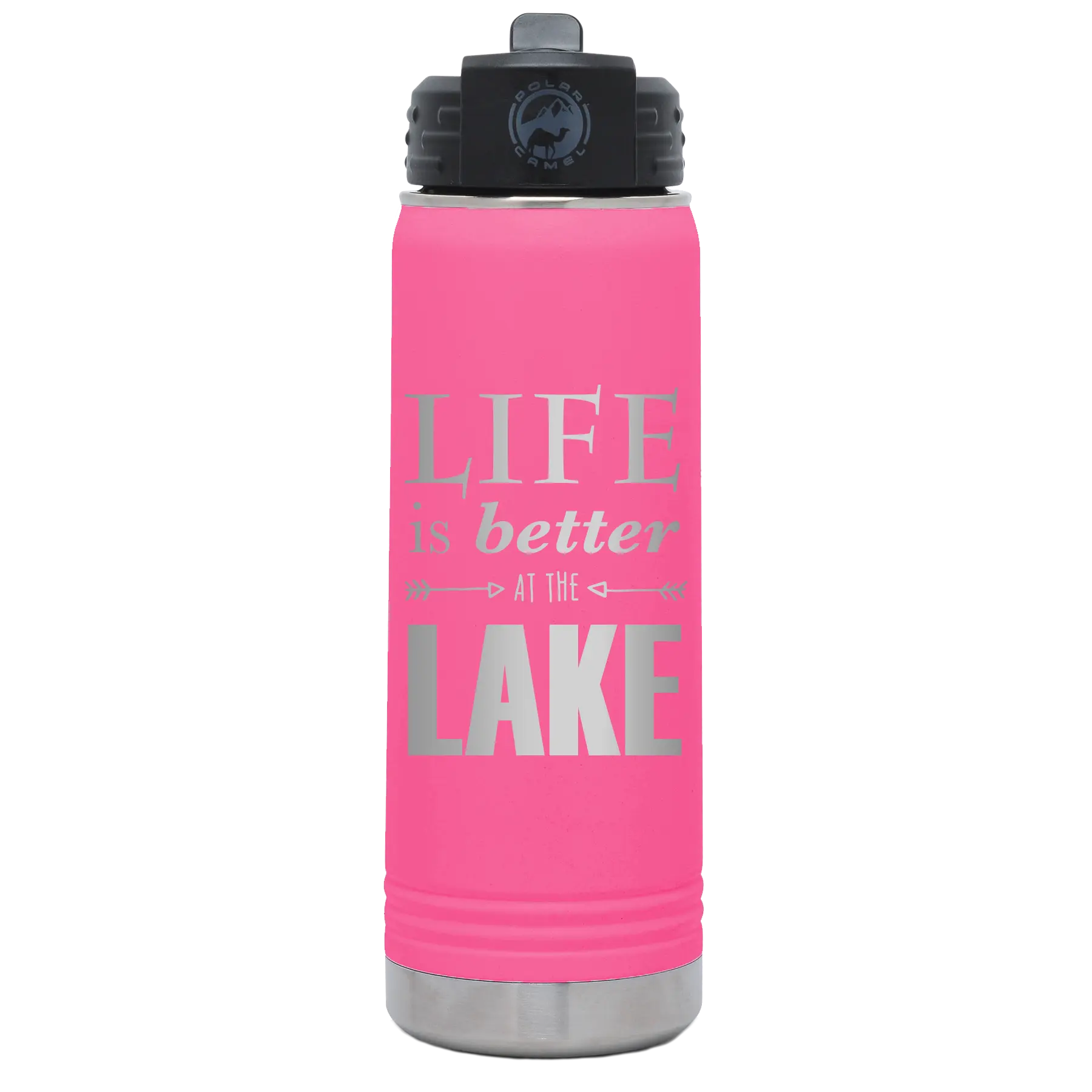 Laser etched pink 20 oz vacuum insulated water bottle with 'Life is Better at the Lake' design