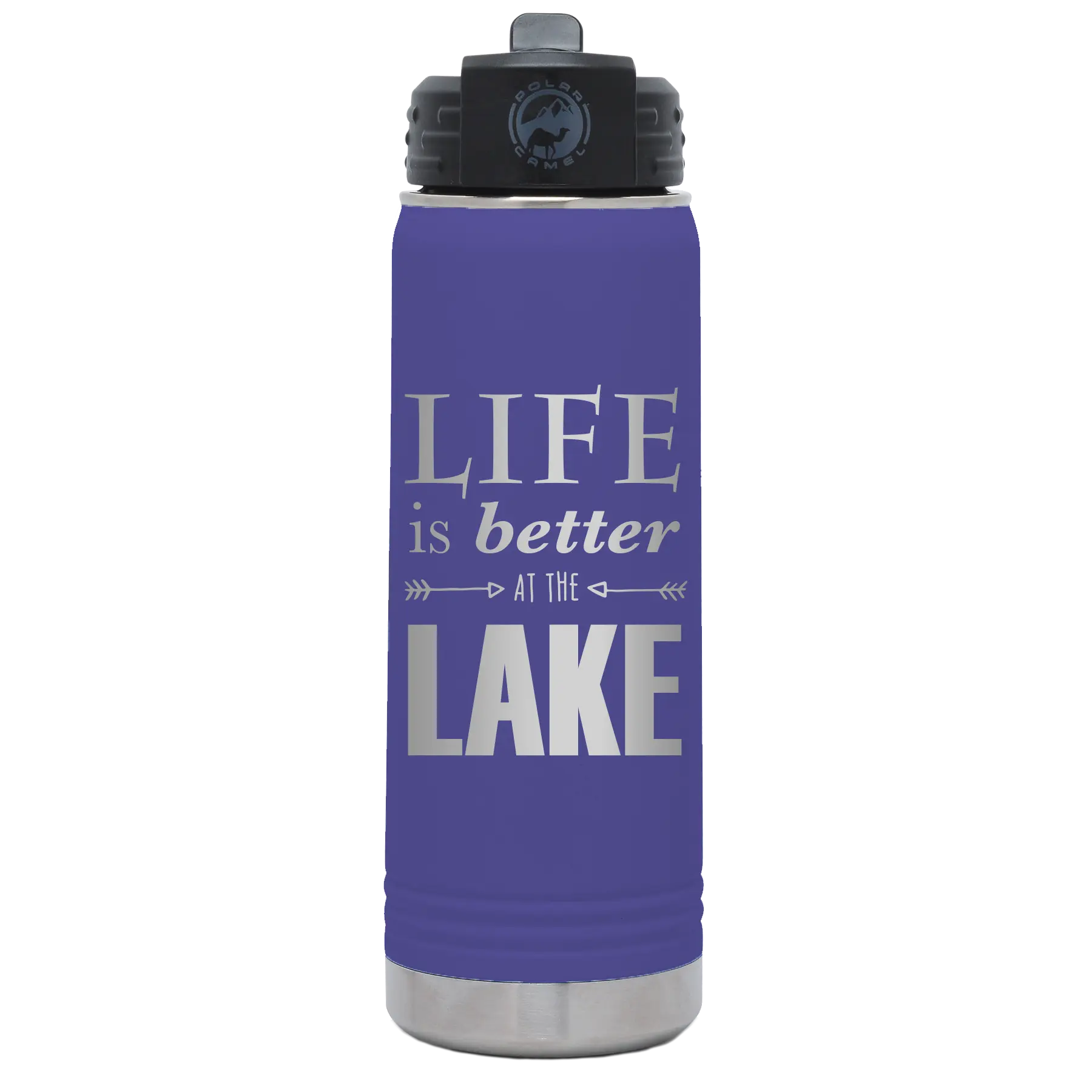 Laser etched purple 20 oz vacuum insulated water bottle with 'Life is Better at the Lake' design
