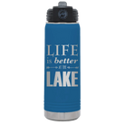 Laser etched royal blue 20 oz vacuum insulated water bottle with 'Life is Better at the Lake' design