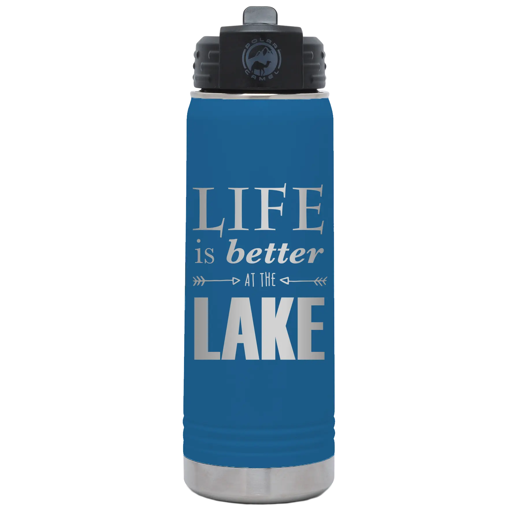 Laser etched royal blue 20 oz vacuum insulated water bottle with 'Life is Better at the Lake' design