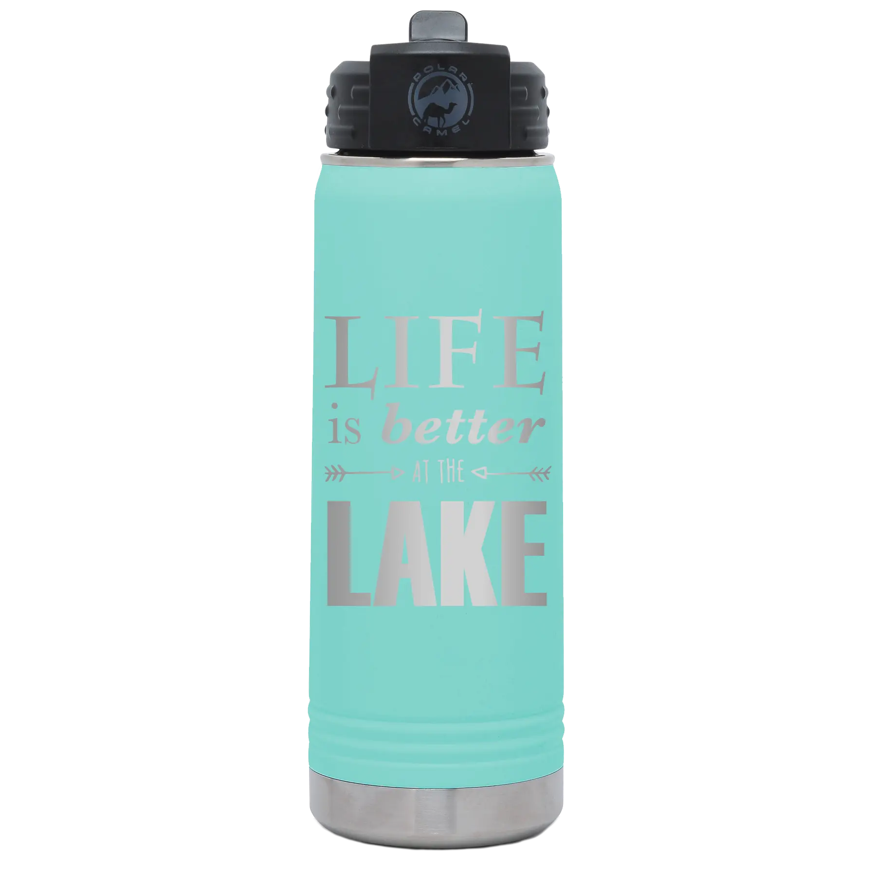 Laser etched teal 20 oz vacuum insulated water bottle with 'Life is Better at the Lake' design